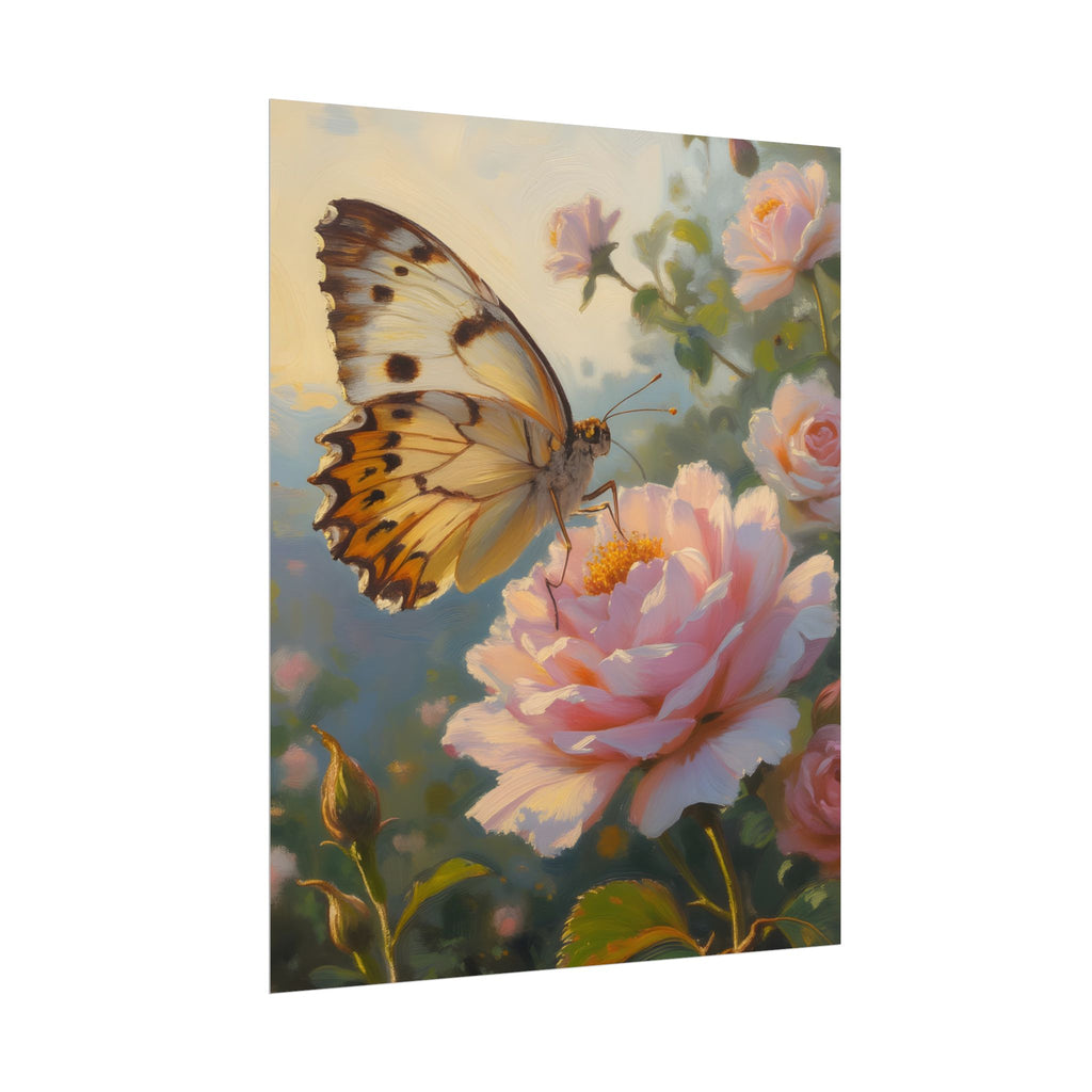 Butterfly on Pink Rose Wall Art - Poster