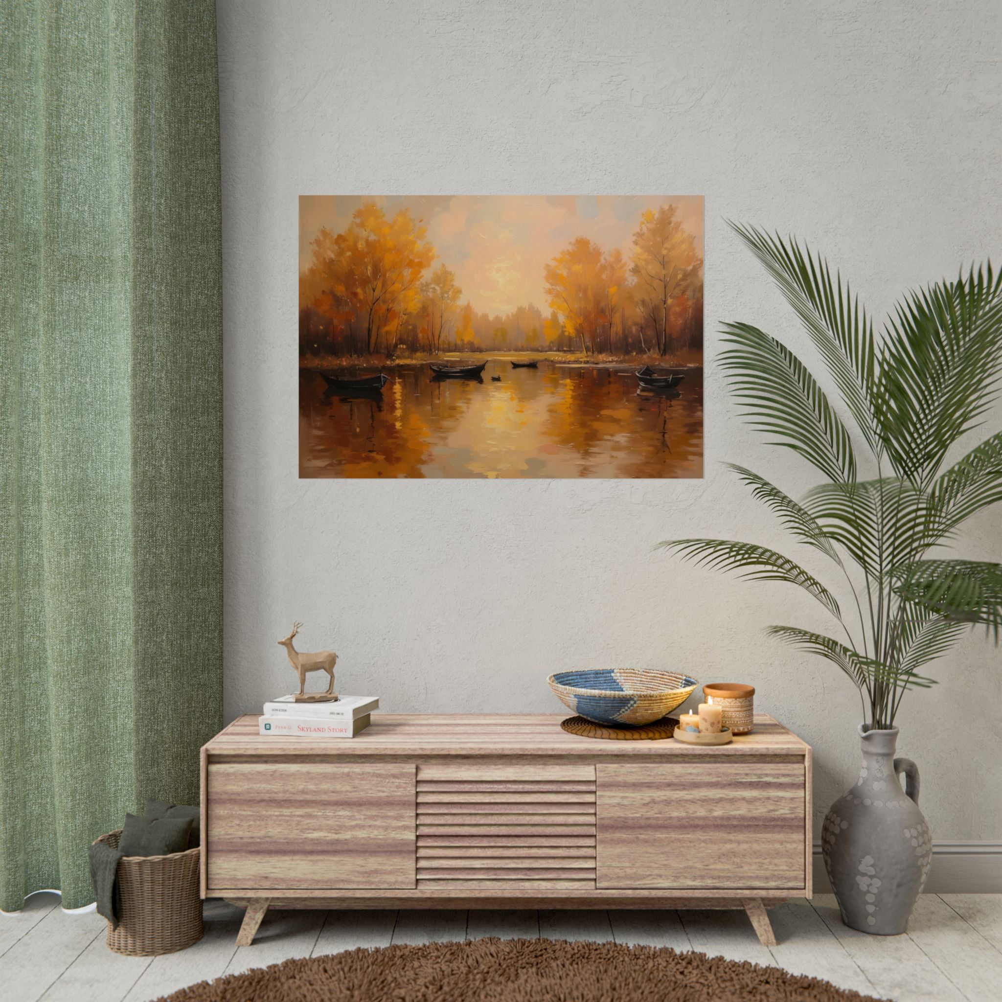 Herfst aan het meer met roeiboten - Poster 