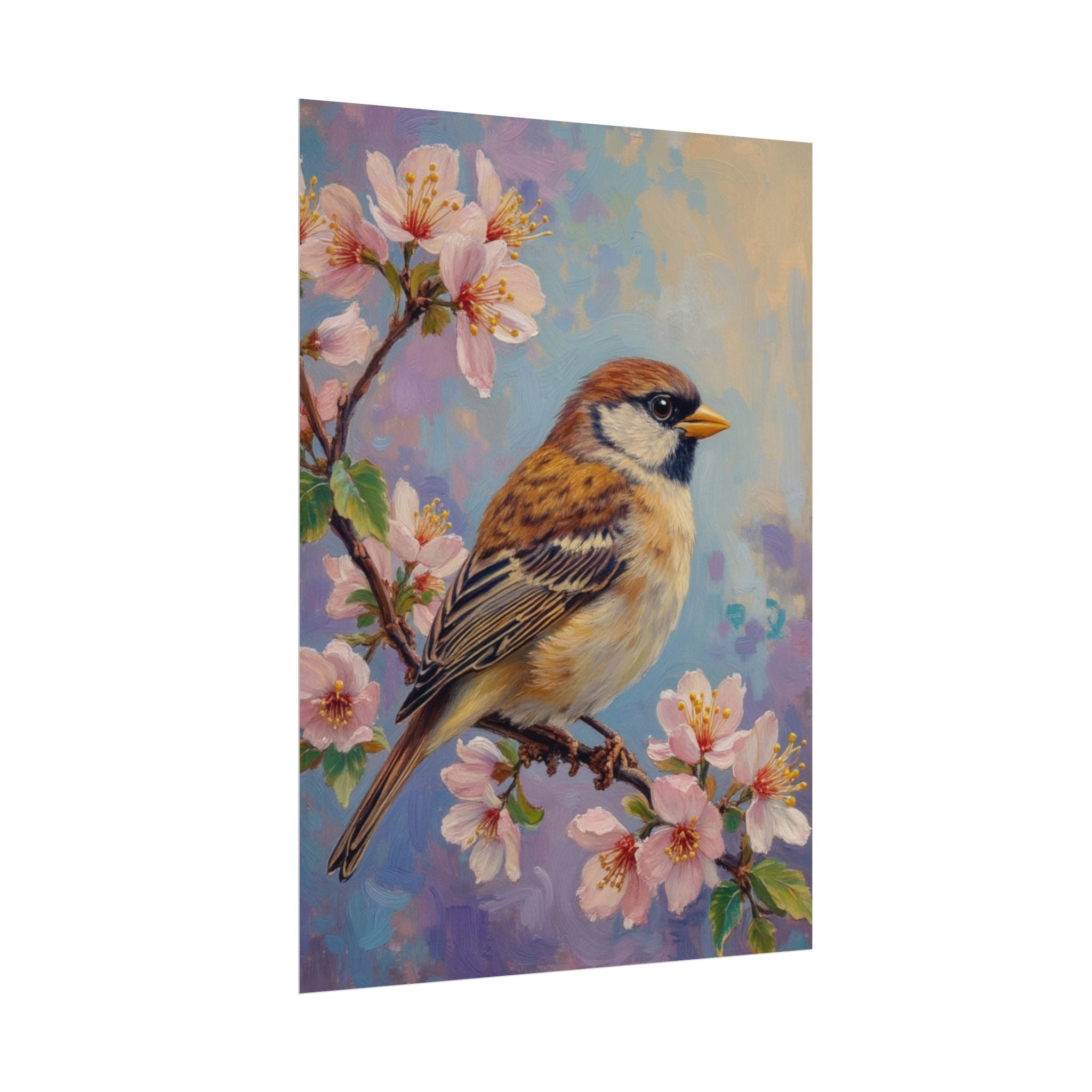 Bird on Blossom Rolled Poster — Spring Sparrow on Branch Wall Art Print