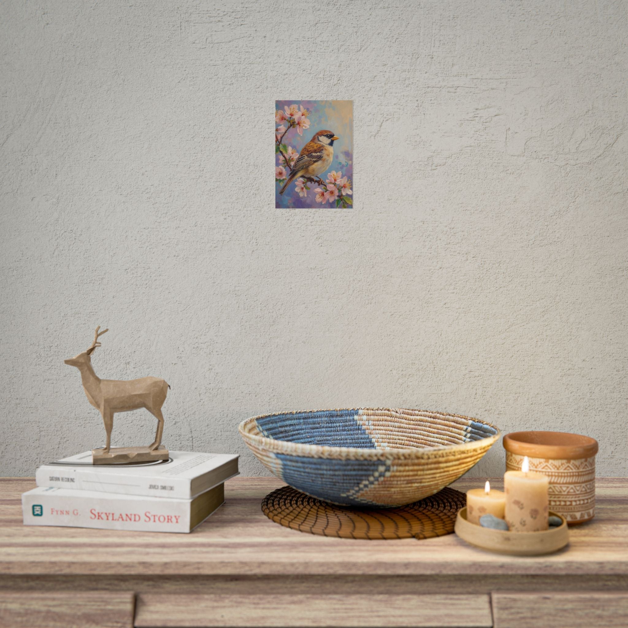 Bird on Blossom Rolled Poster — Spring Sparrow on Branch Wall Art Print