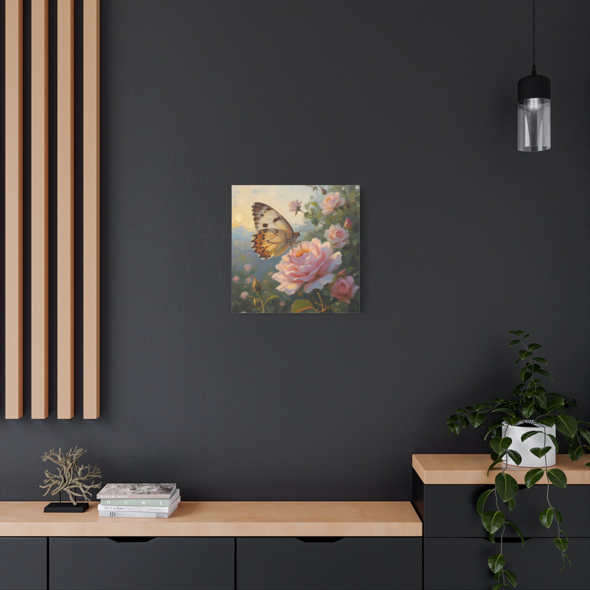 Butterfly on Pink Rose Wall Art - Stretched Canvas