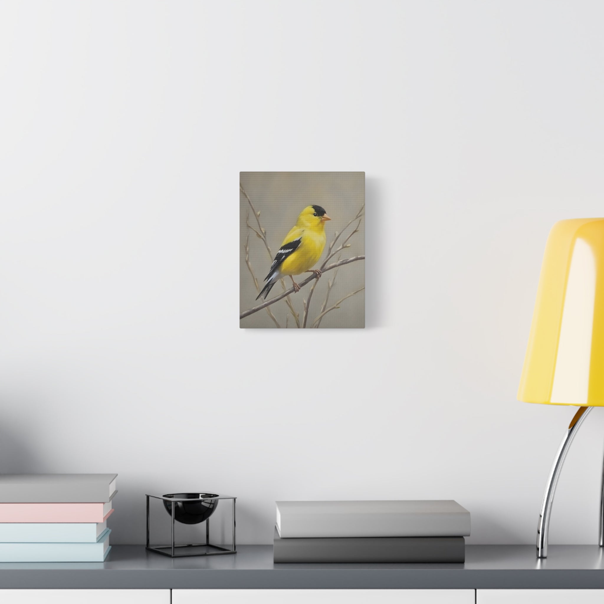 Goldfinch Wall Art Canvas — Yellow Songbird Painting on Branch, Matte Stretched Canvas