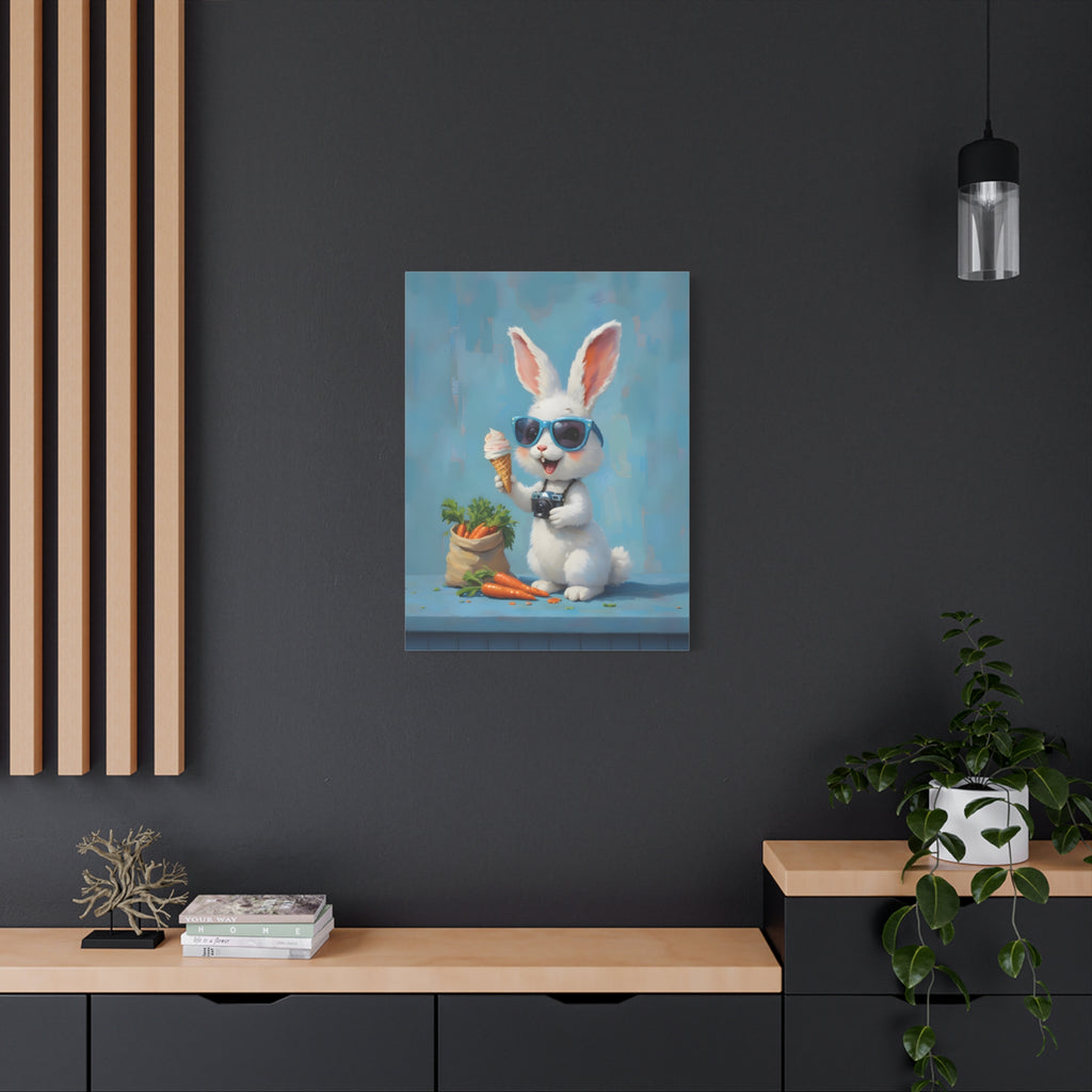 Blue Bunny Canvas Print — Cute Rabbit with Sunglasses & Ice Cream Matte Wall Art