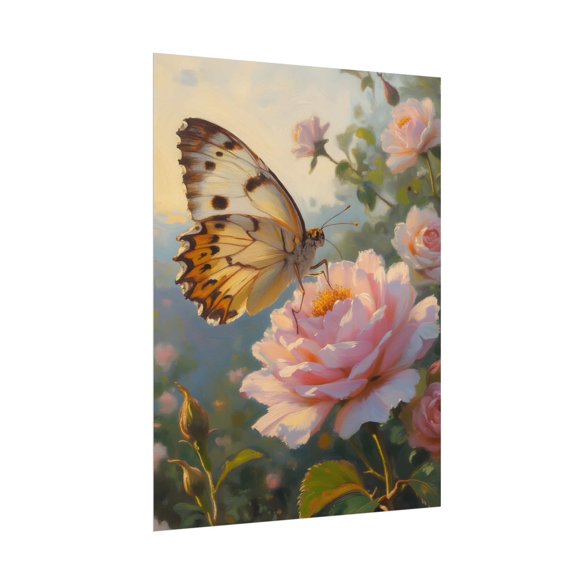 Butterfly on Pink Rose Wall Art - Poster