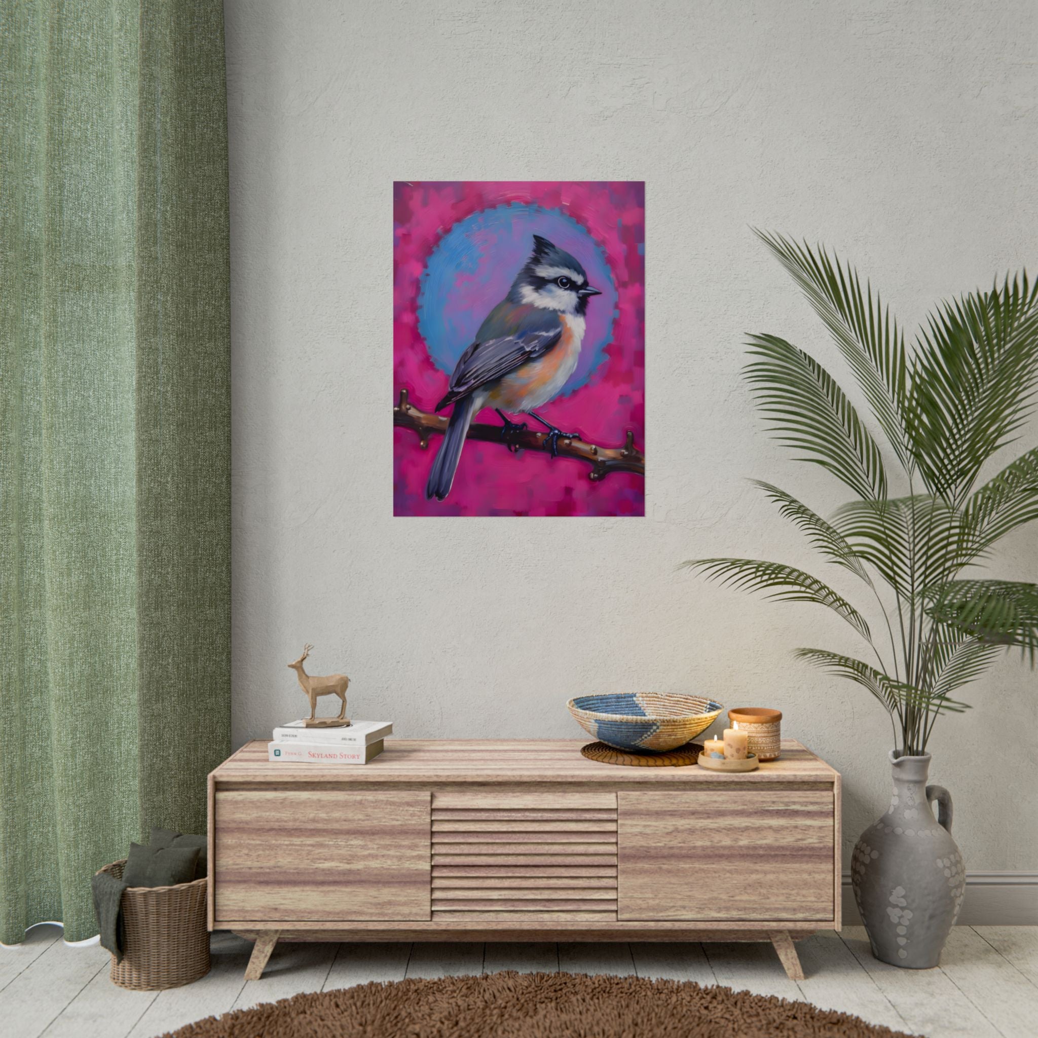 Kleurrijke Zangvogel Poster — Blauwe Gaai Kunstprint op Levendige Roze Achtergrond