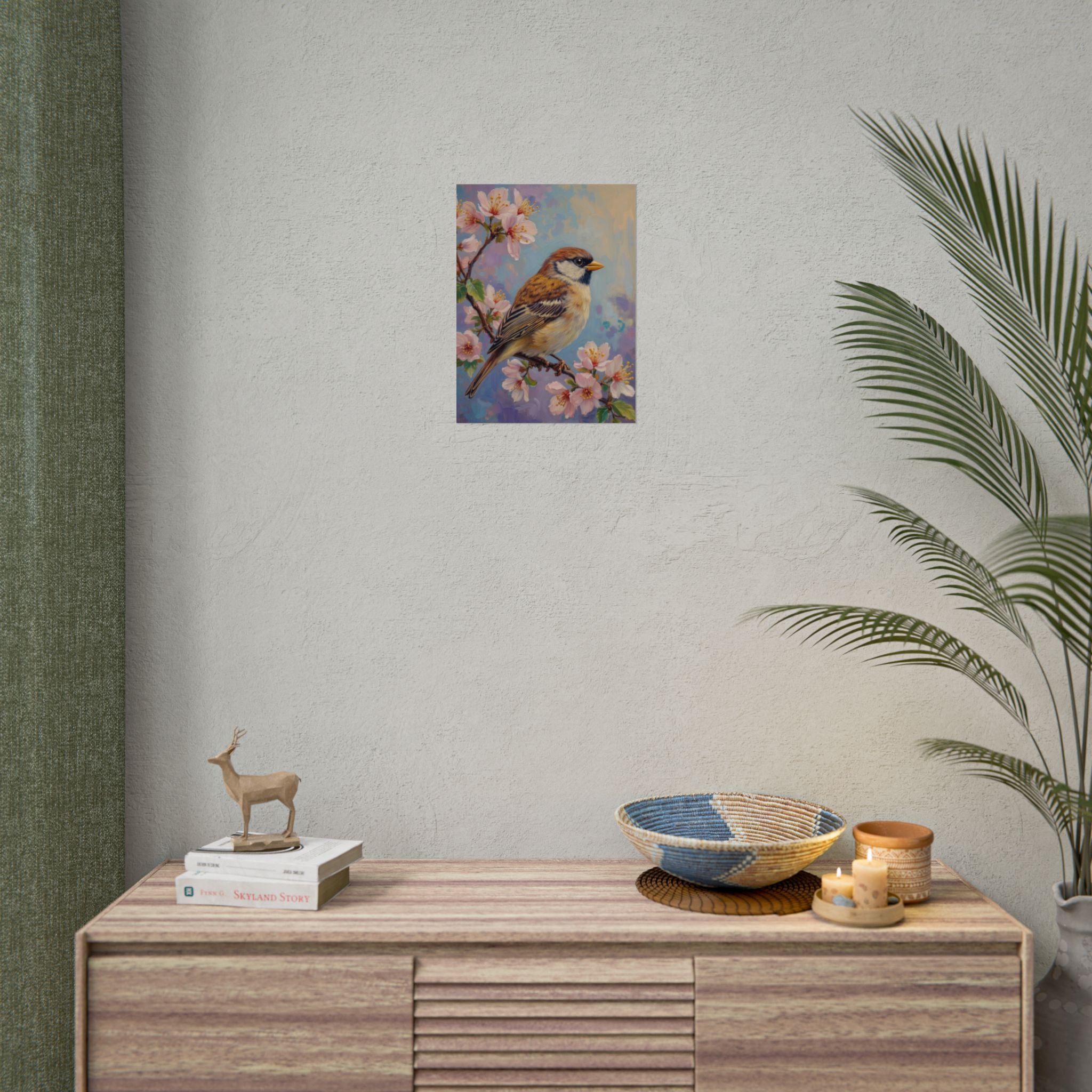 Bird on Blossom Rolled Poster — Spring Sparrow on Branch Wall Art Print