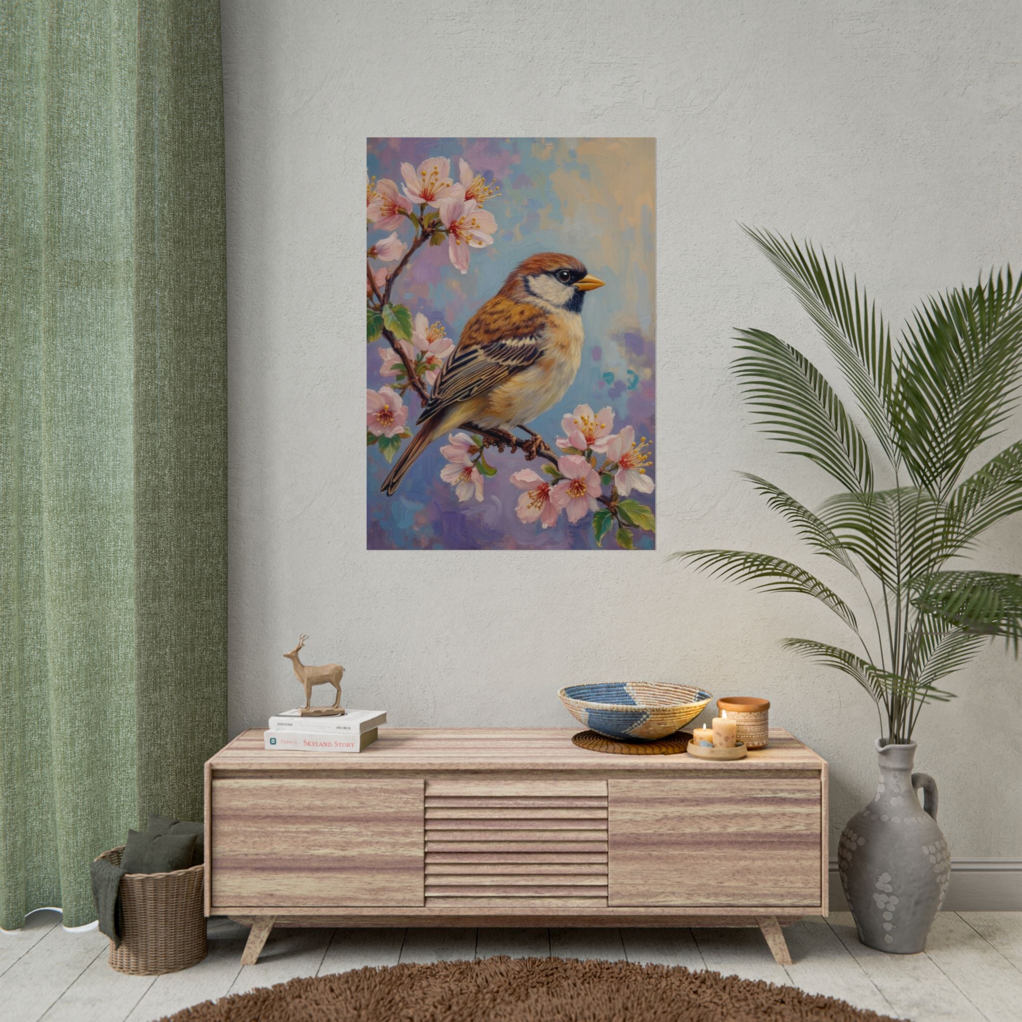 Bird on Blossom Rolled Poster — Spring Sparrow on Branch Wall Art Print