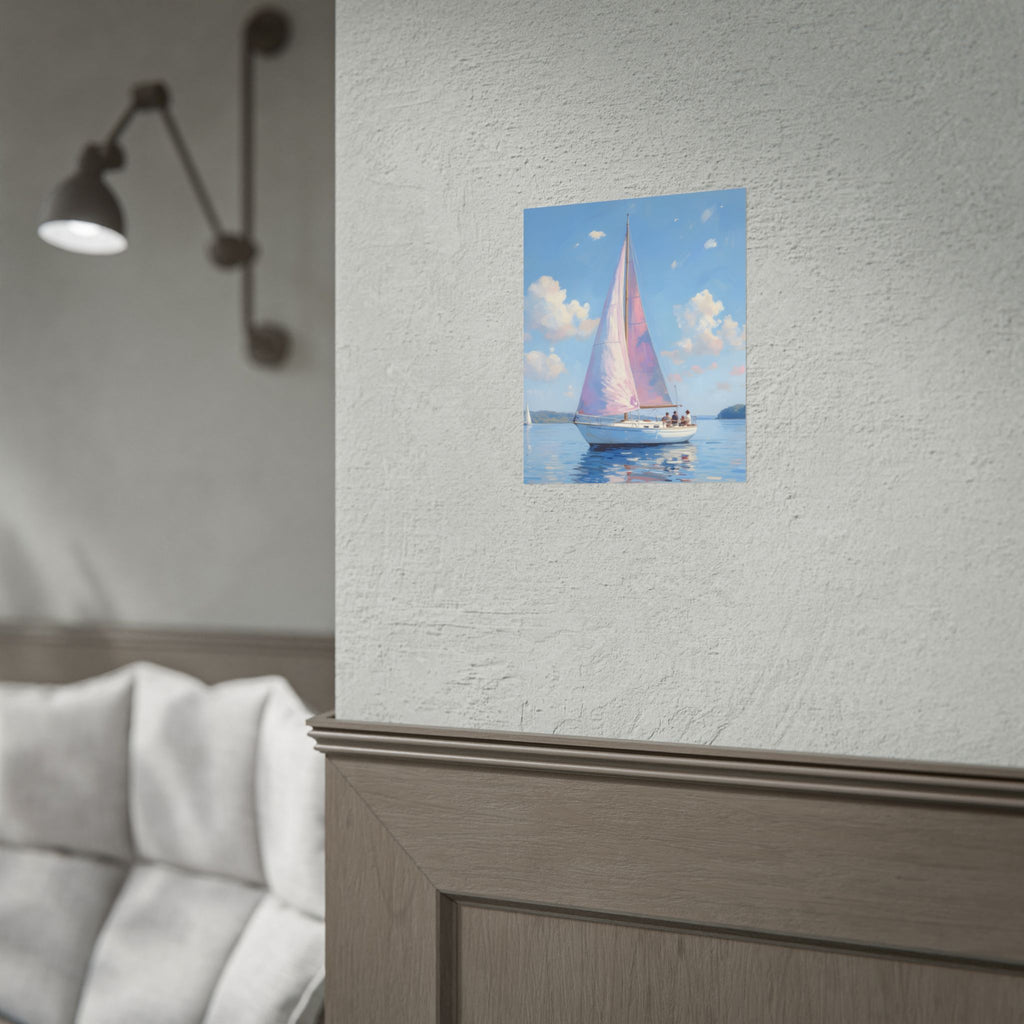 Sailing boat on calm water with pink accents - Poster