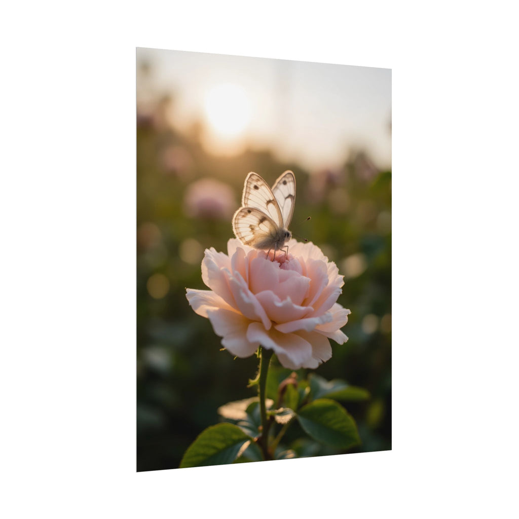 Butterfly on Pink Rose Wall Art - Poster