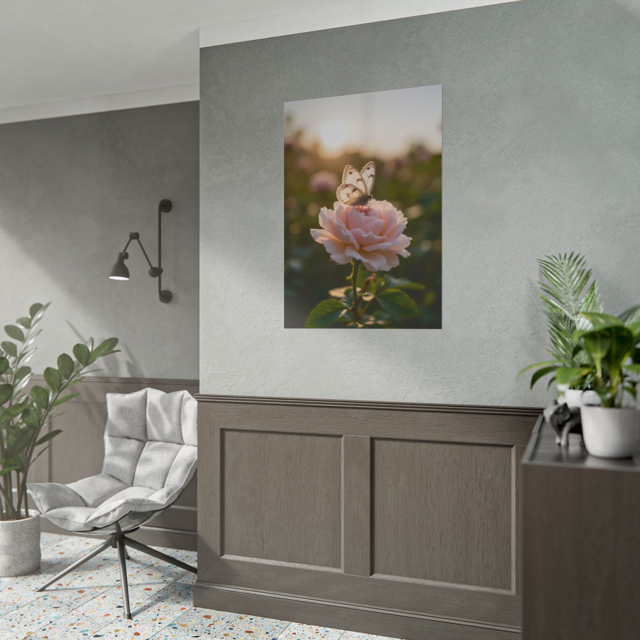 Butterfly on Pink Rose Wall Art - Poster