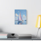 Sailing boat on calm water with pink accents Wall Art - Stretched Canvas