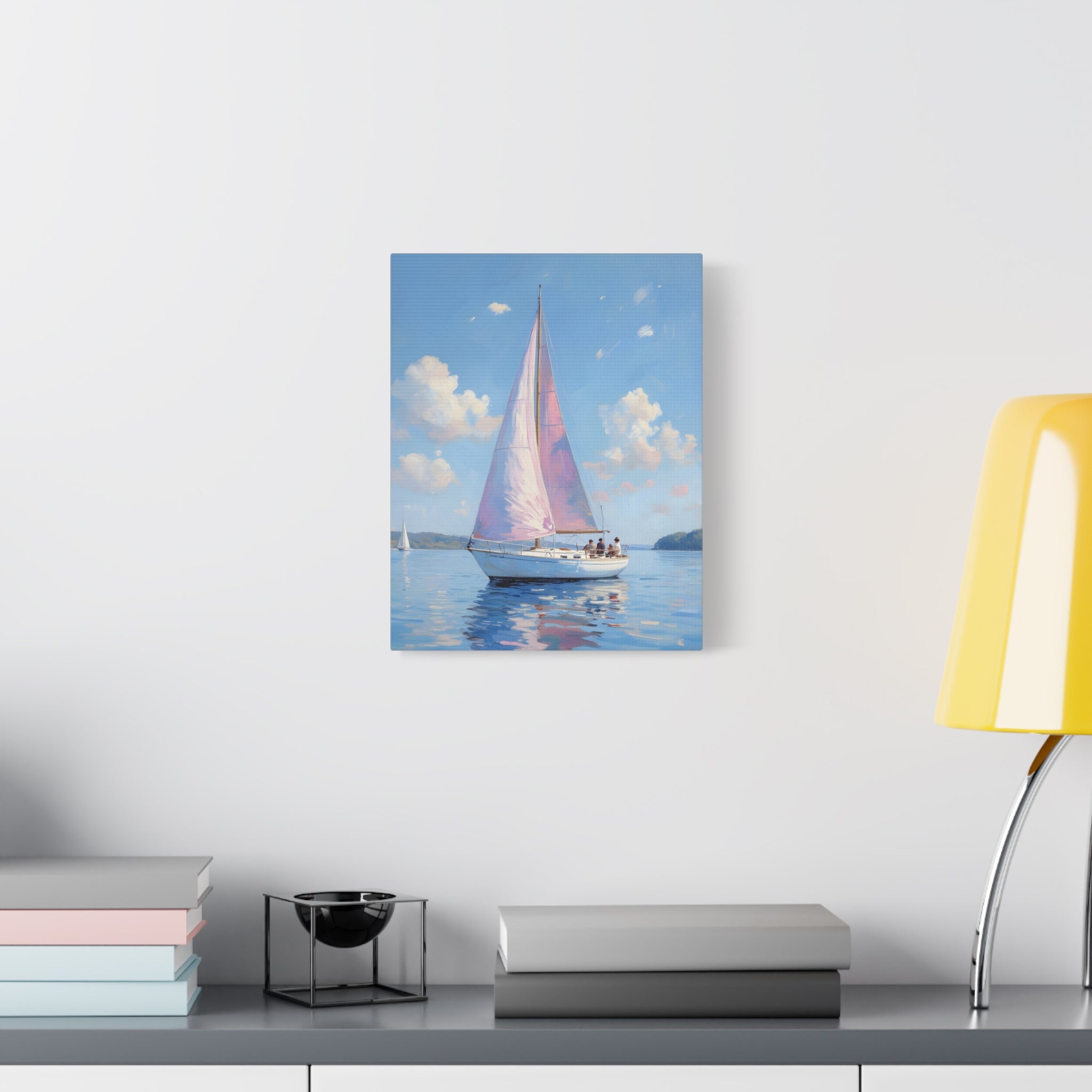 Sailing boat on calm water with pink accents Wall Art - Stretched Canvas