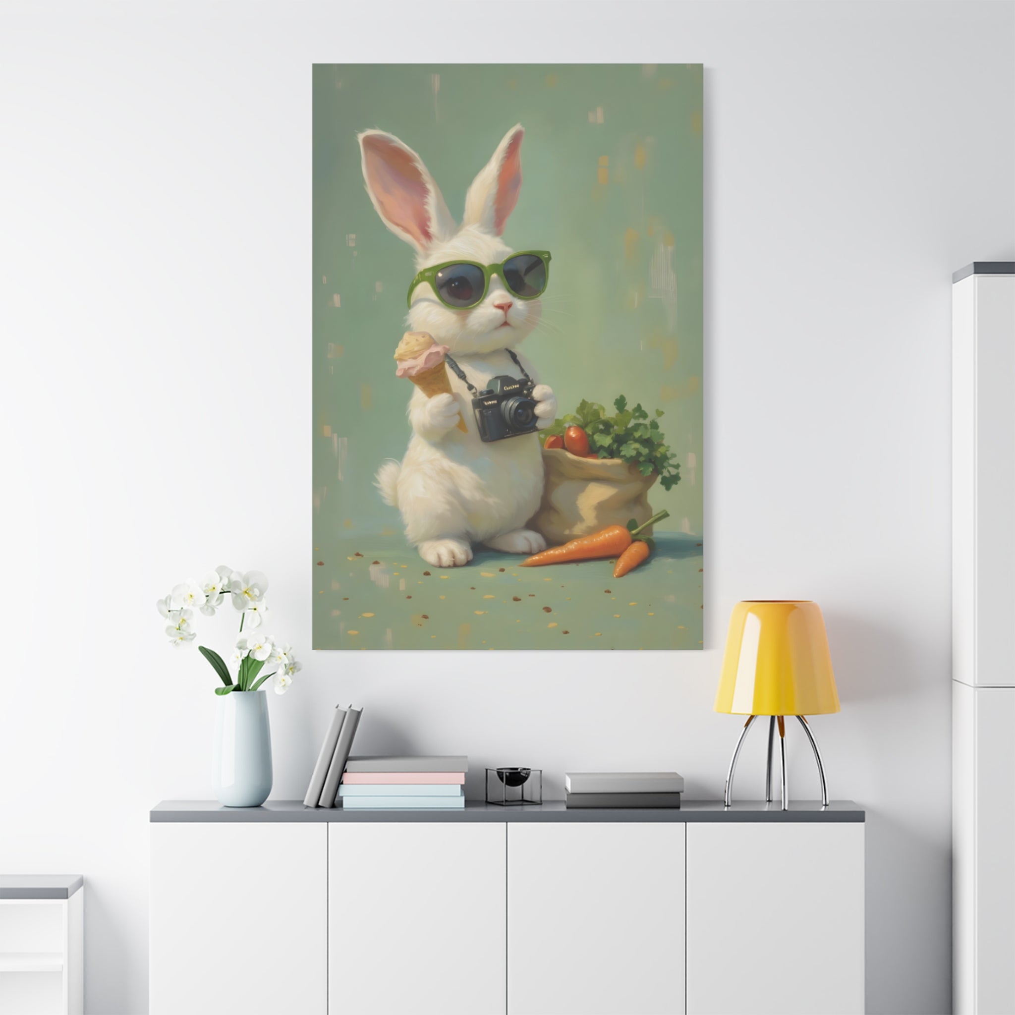Green Bunny Canvas Wall Art — Photographer Bunny with Carrots & Ice Cream