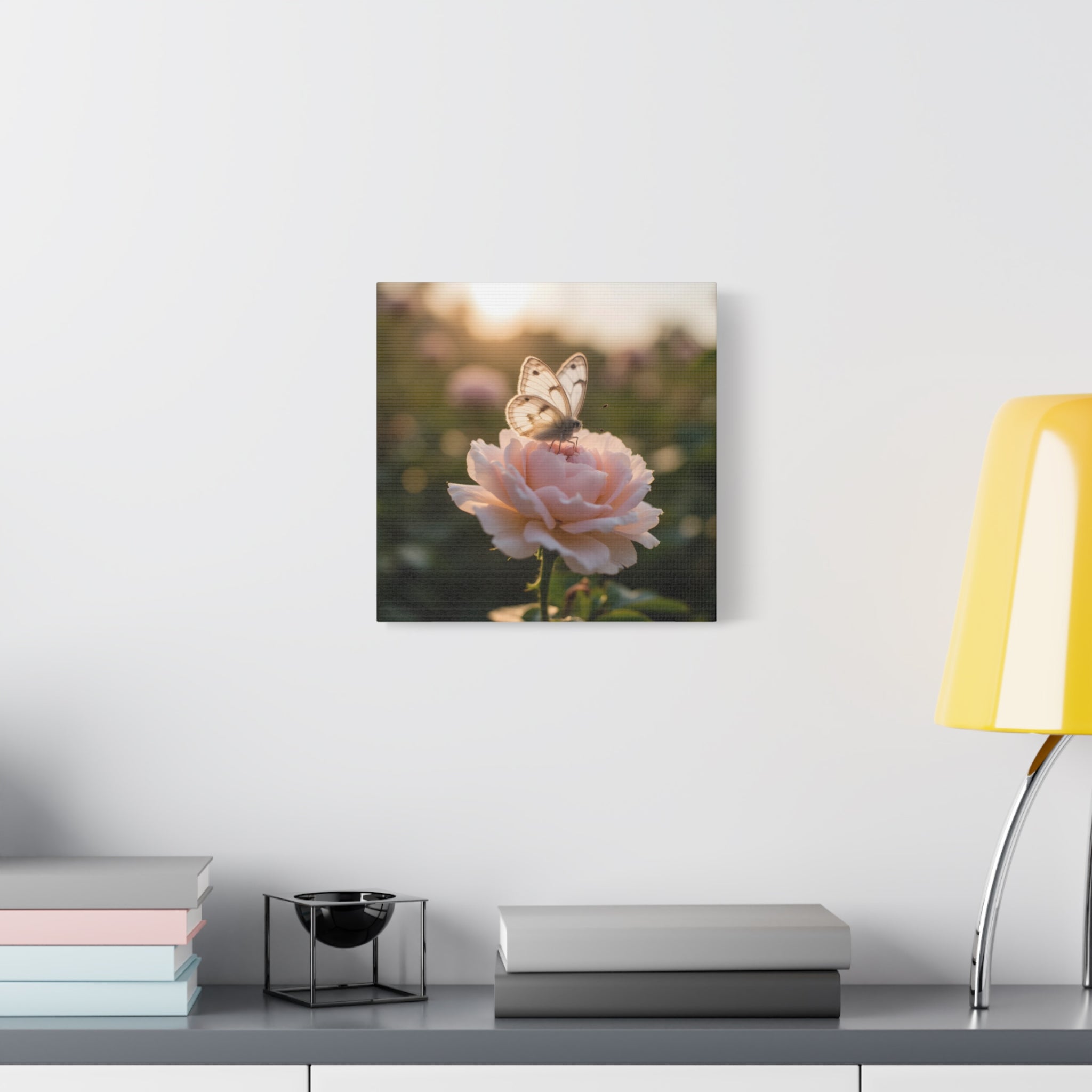 Butterfly on Pink Rose Wall Art - Stretched Canvas