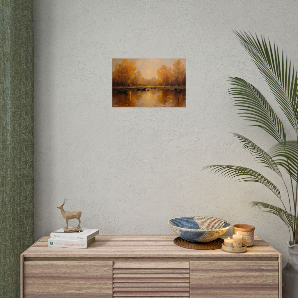 Autumn at the lake with rowboats - Poster