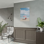 Een herinnering aan een zonovergoten stranddag met strandstoel en parasol - Poster 