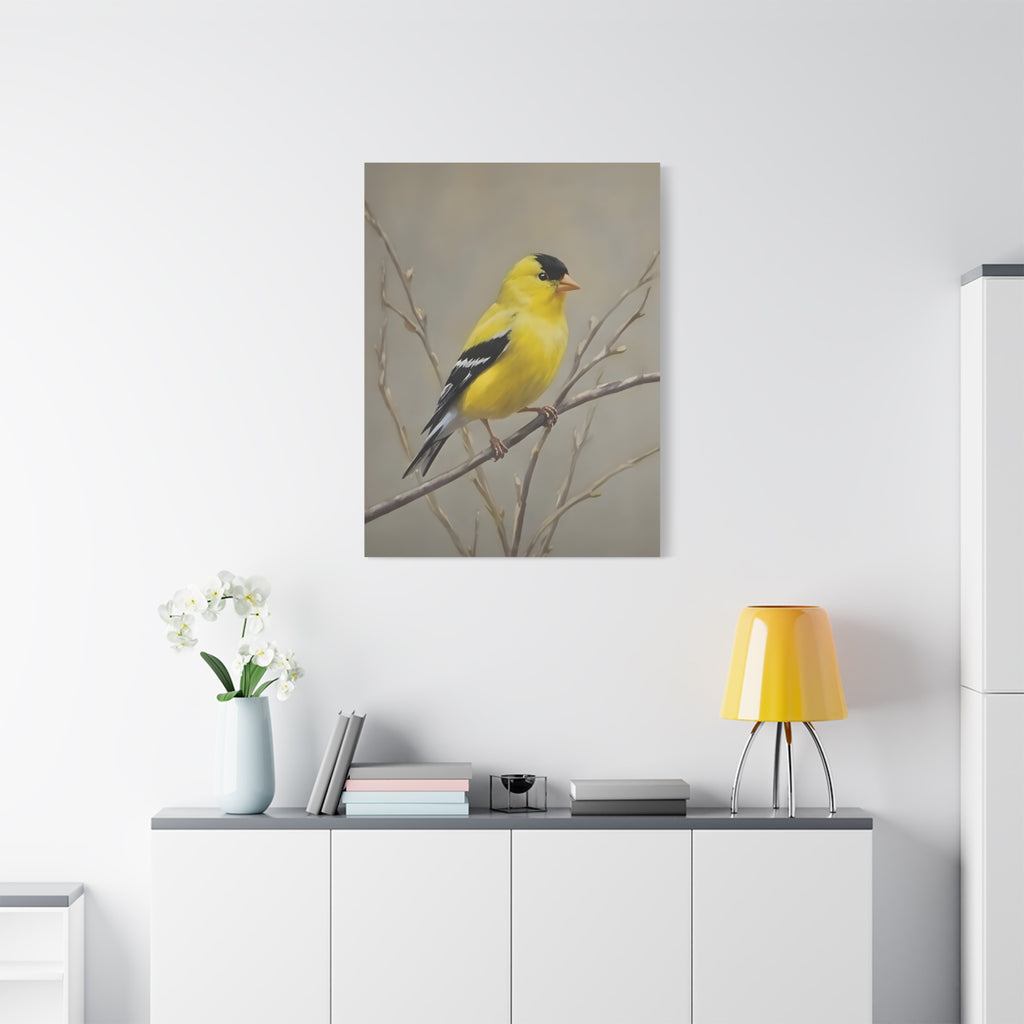 Putter Muurkunst Canvas — Gele Zangvogel Schilderij op Tak, Mat Gespannen Canvas