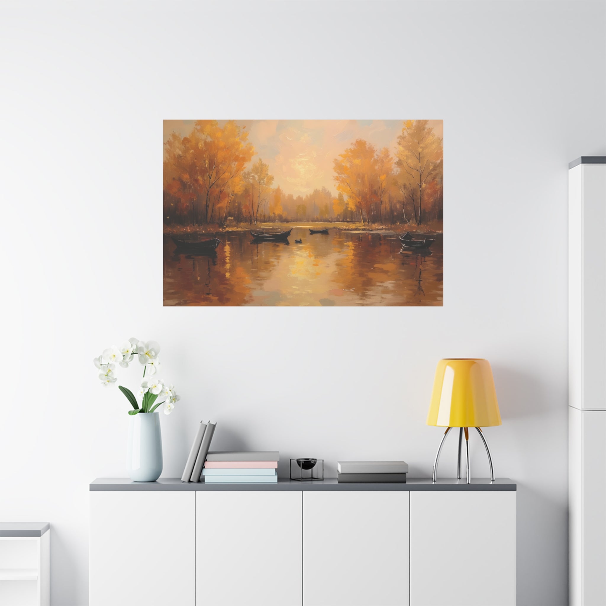 Autumn at the lake with rowboats Wall Art - Stretched Canvas