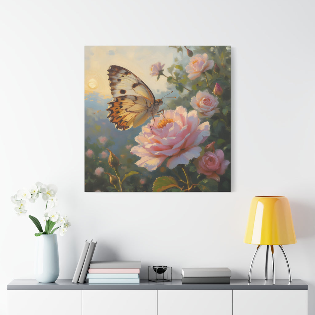 Butterfly on Pink Rose Wall Art - Stretched Canvas