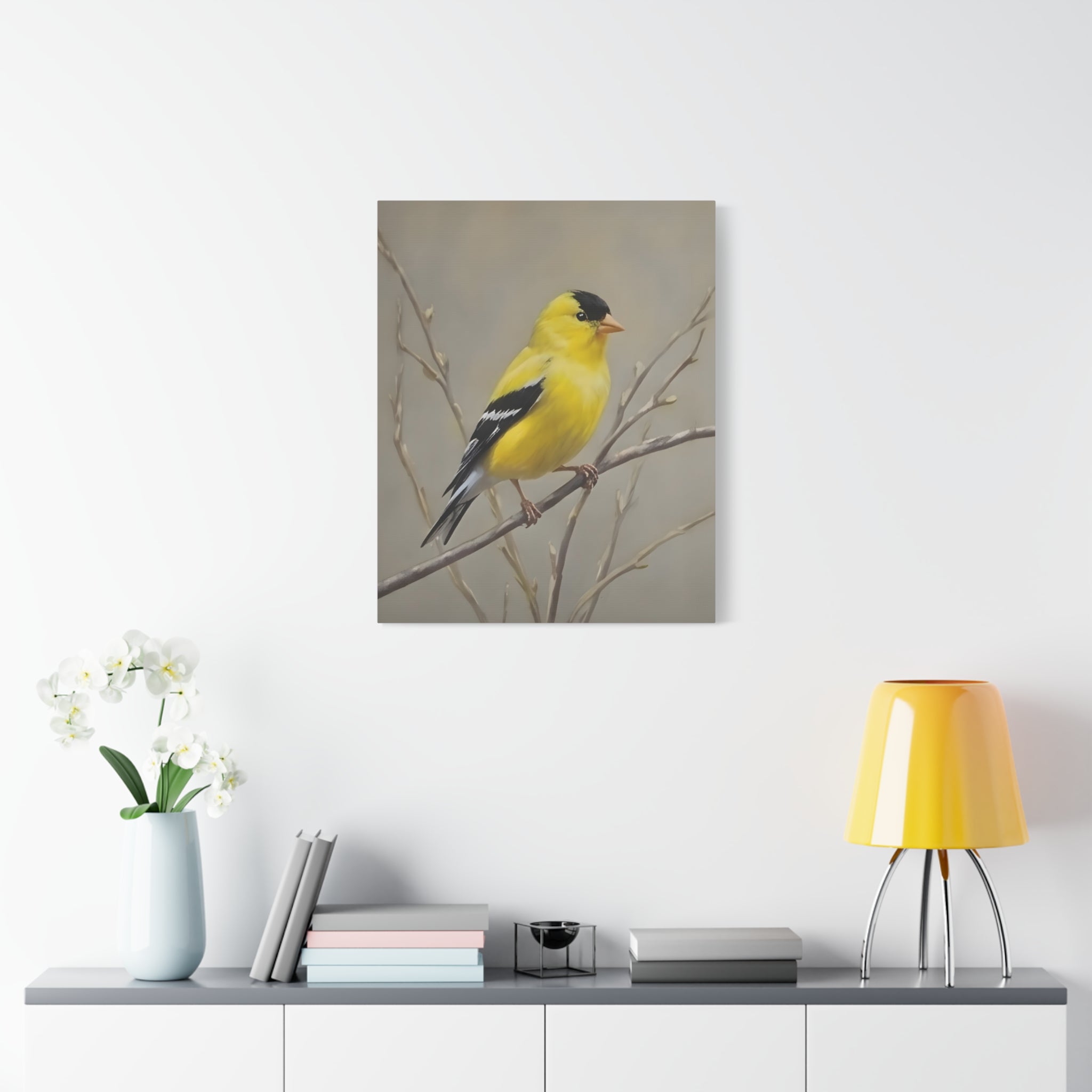 Putter Muurkunst Canvas — Gele Zangvogel Schilderij op Tak, Mat Gespannen Canvas