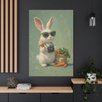 Green Bunny Canvas Wall Art — Photographer Bunny with Carrots & Ice Cream