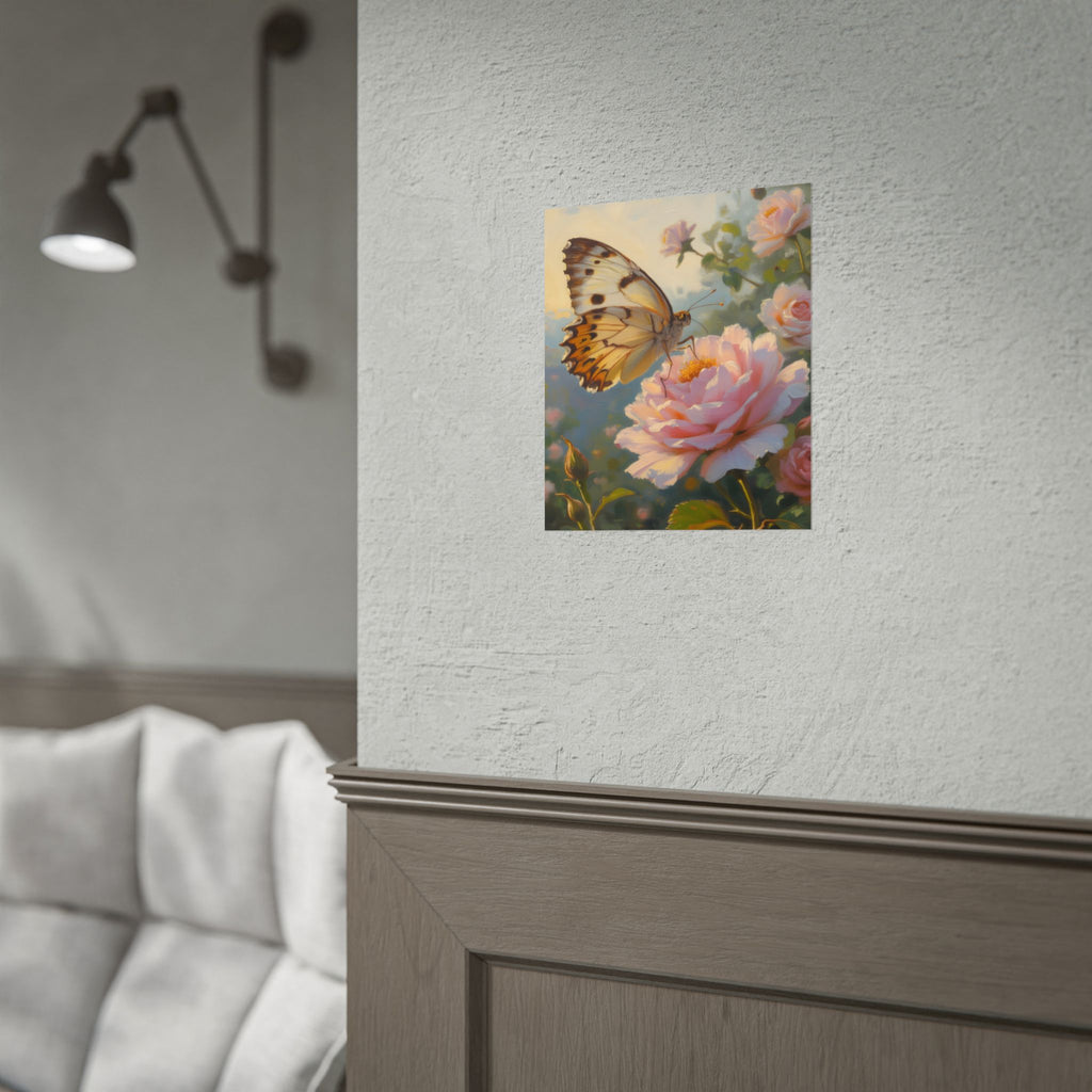 Butterfly on Pink Rose Wall Art - Poster