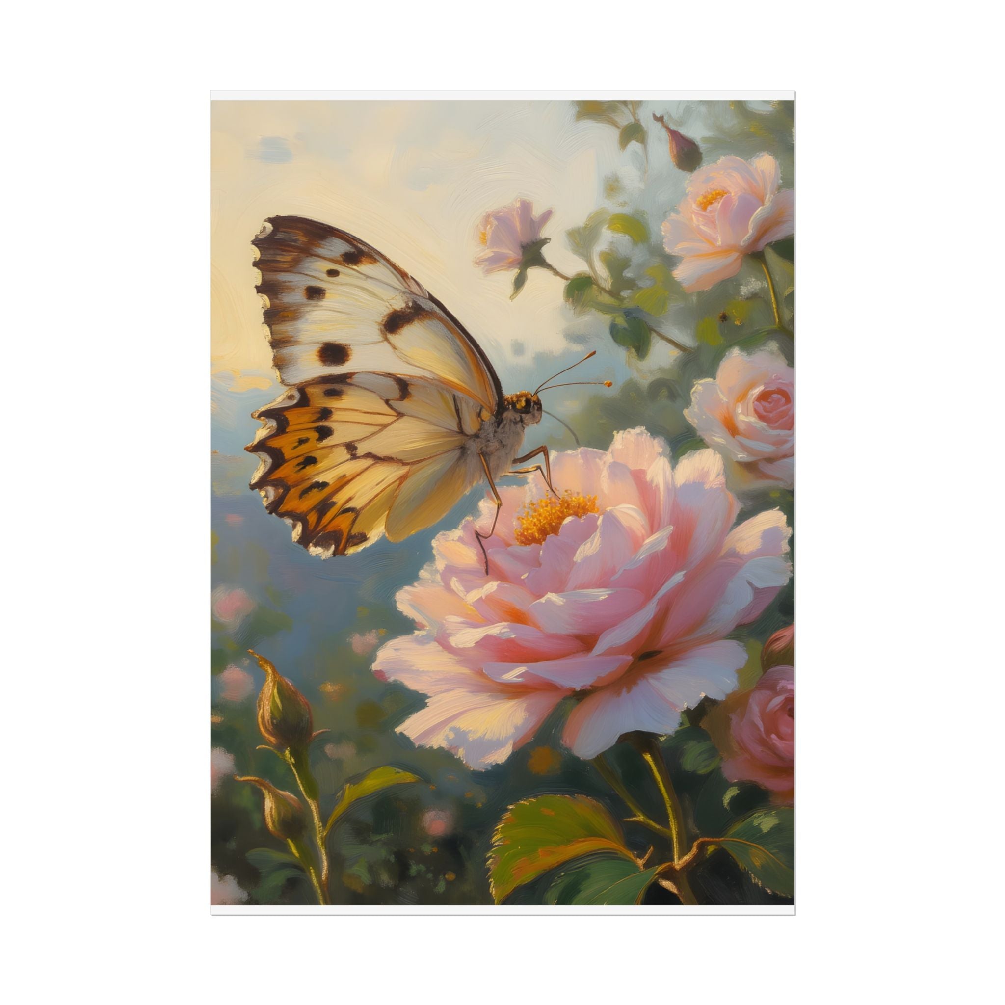 Butterfly on Pink Rose Wall Art - Poster