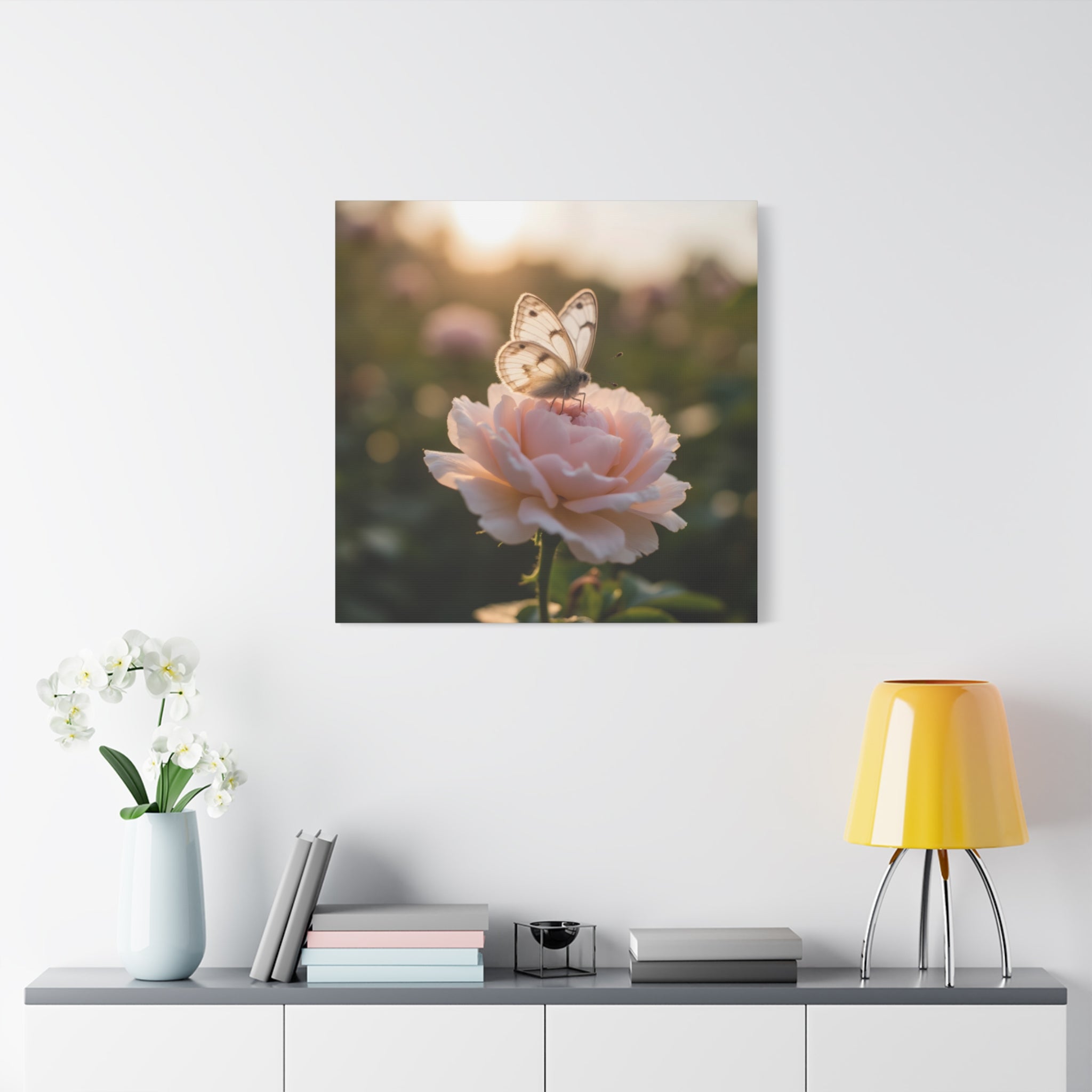 Butterfly on Pink Rose Wall Art - Stretched Canvas