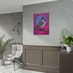 Colorful Songbird Poster — Blue Jay Art Print on Vibrant Pink Background