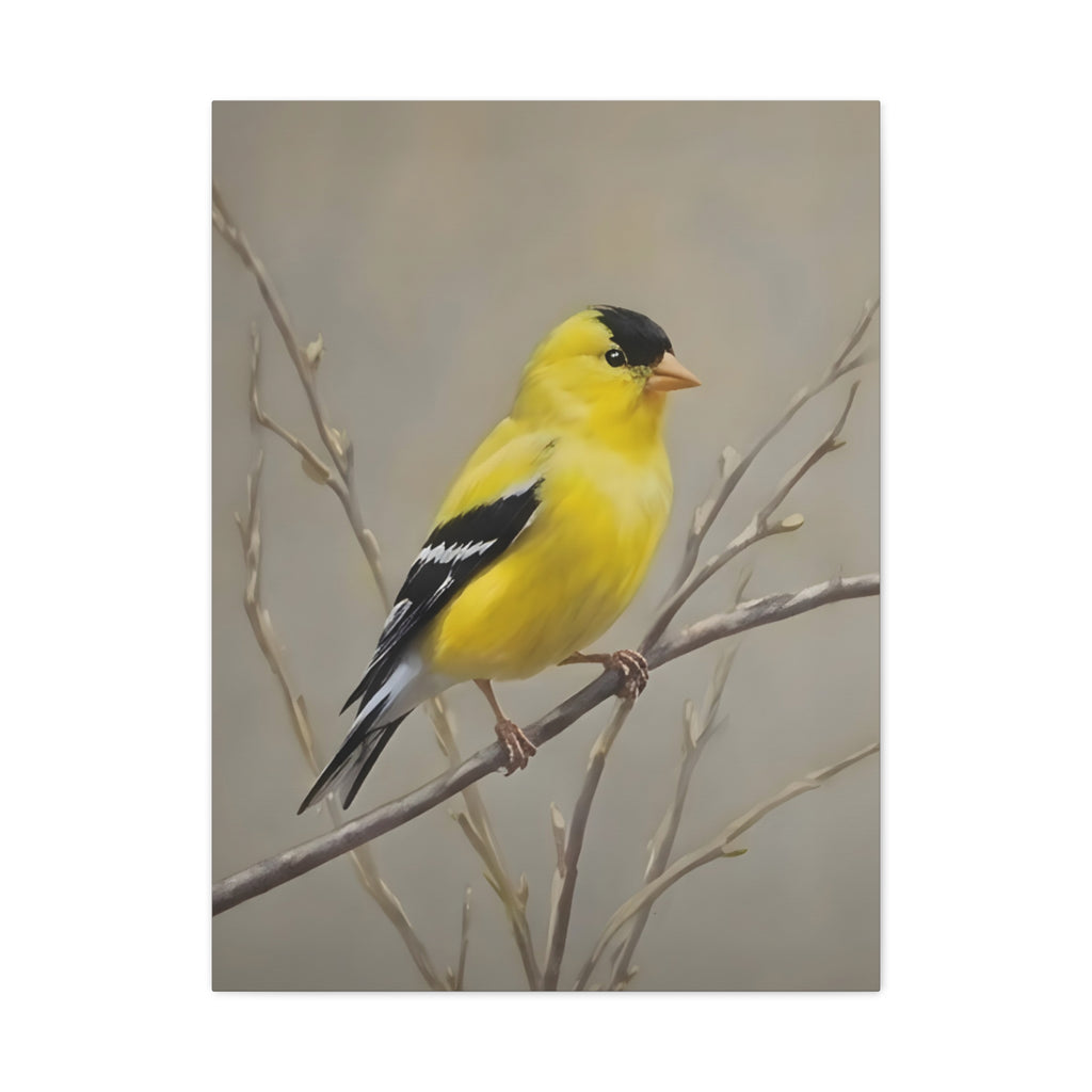 Putter Muurkunst Canvas — Gele Zangvogel Schilderij op Tak, Mat Gespannen Canvas