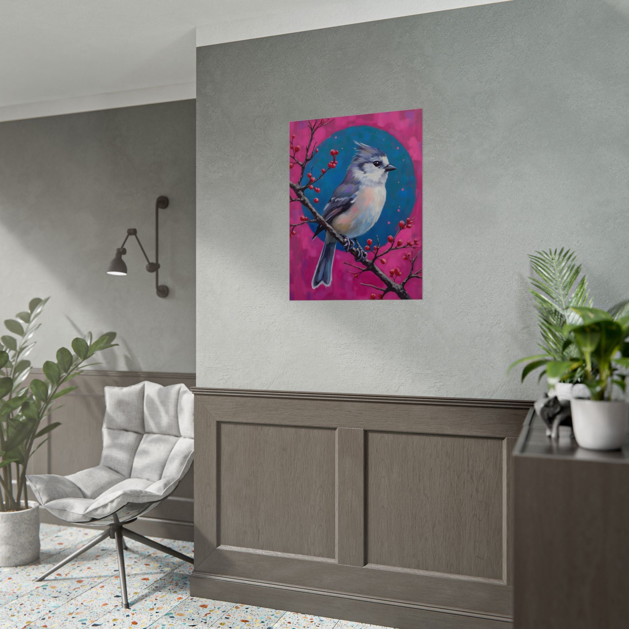 Blue jay on a holly branch Wall Art - Poster