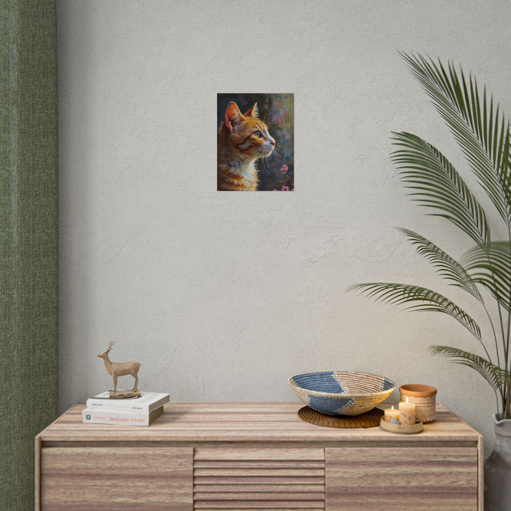 Oranje cyperse kat olieverf penseelstreek opgerolde poster