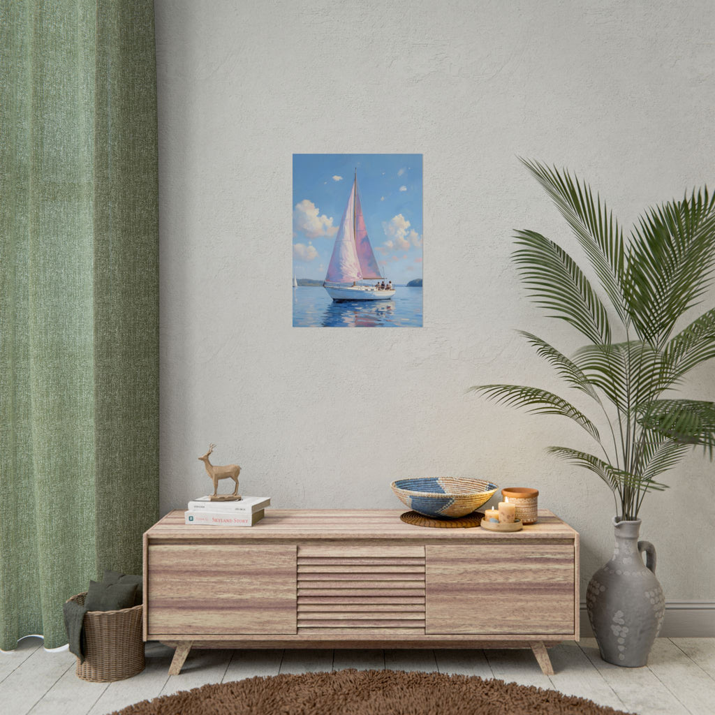 Sailing boat on calm water with pink accents - Poster
