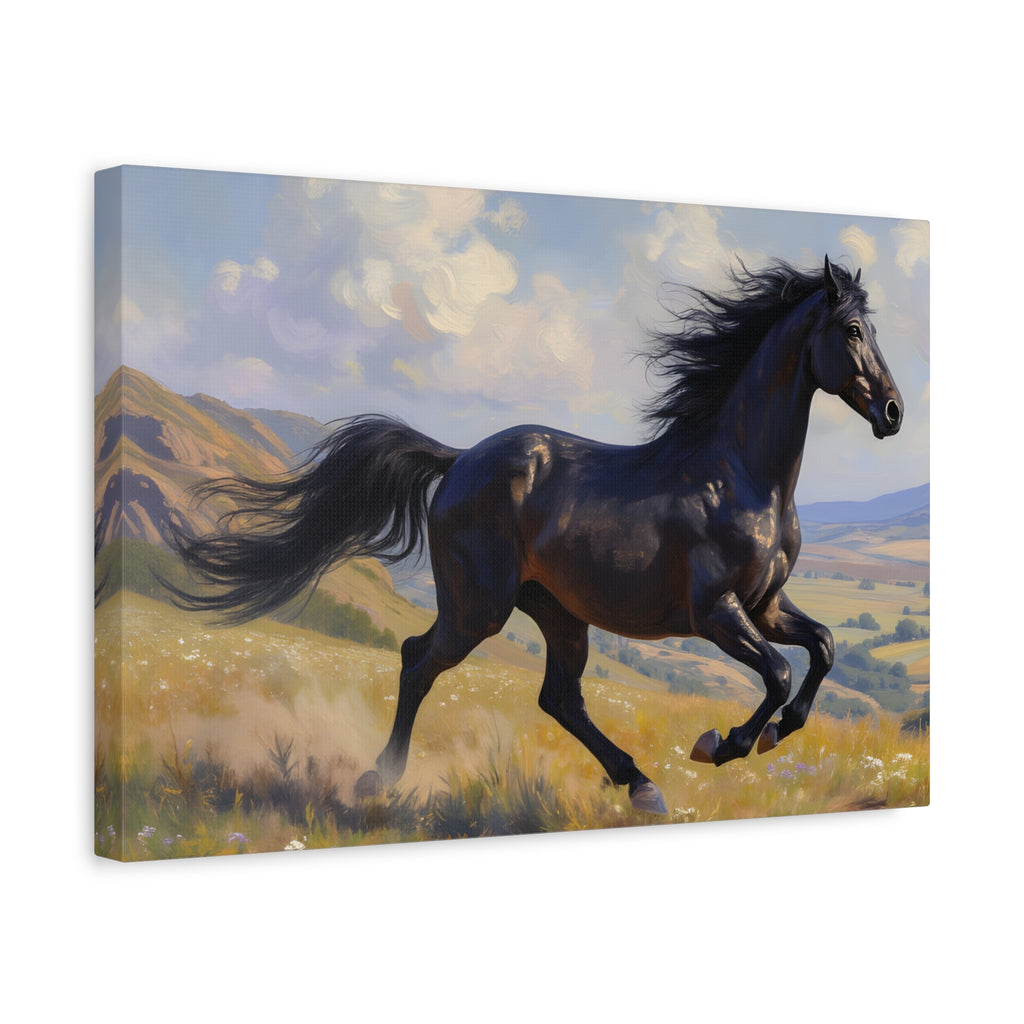 Running Black Stallion Wall Art - Horse Painting - Stretched Canvas
