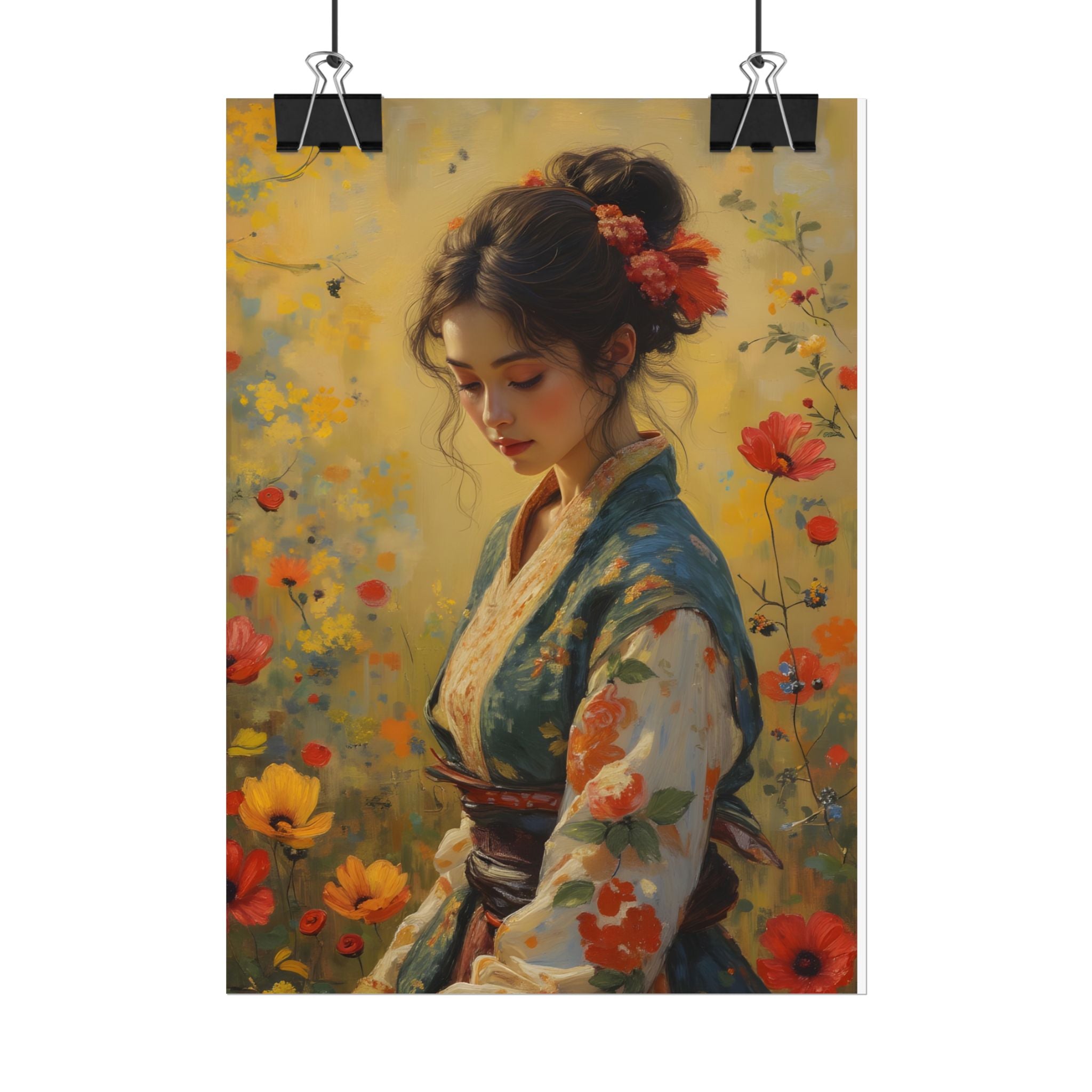 Aziatische bloemenprint dame muurdecoratie - poster 