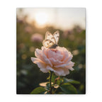 Butterfly on Pink Rose Wall Art - Stretched Canvas