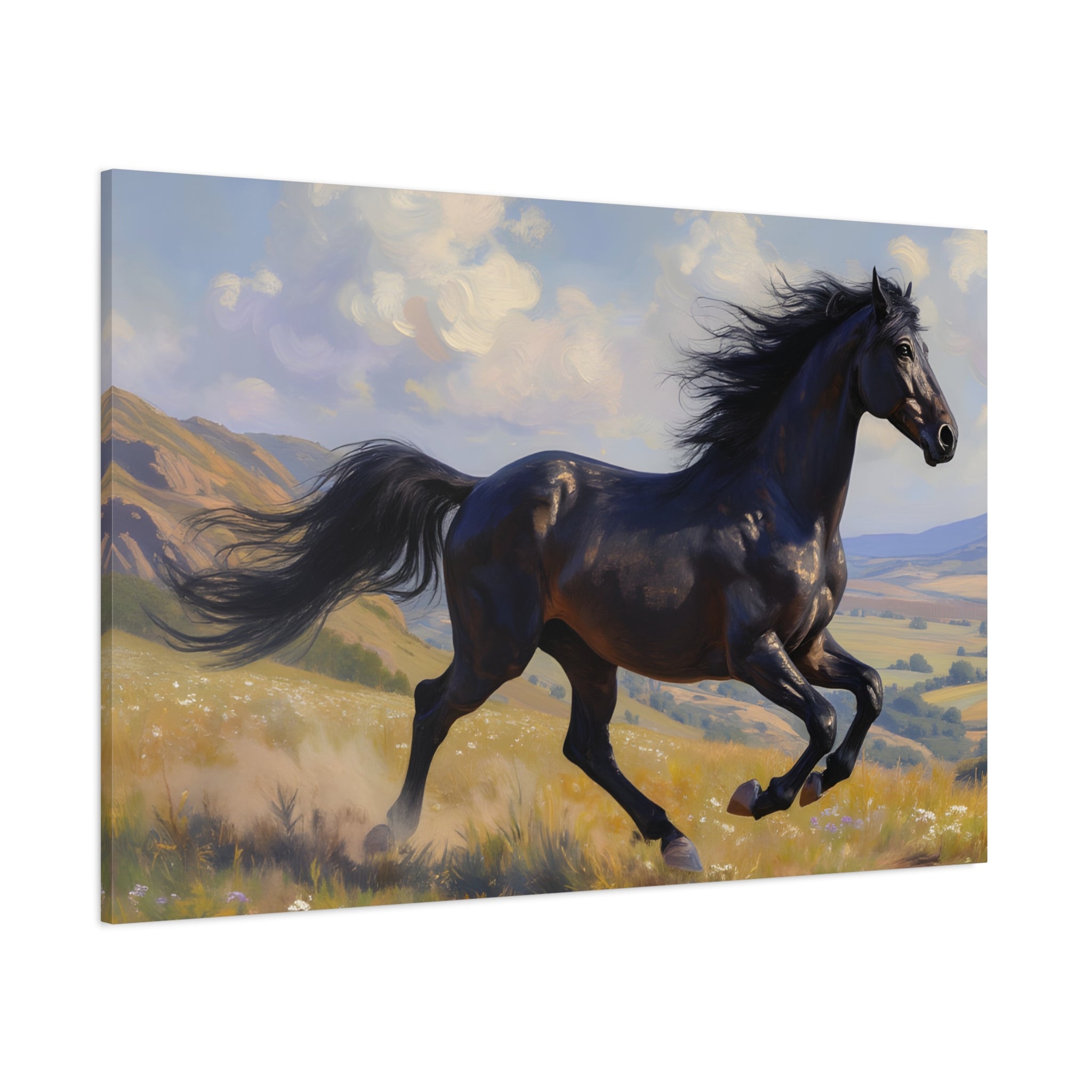 Running Black Stallion Wall Art - Horse Painting - Stretched Canvas