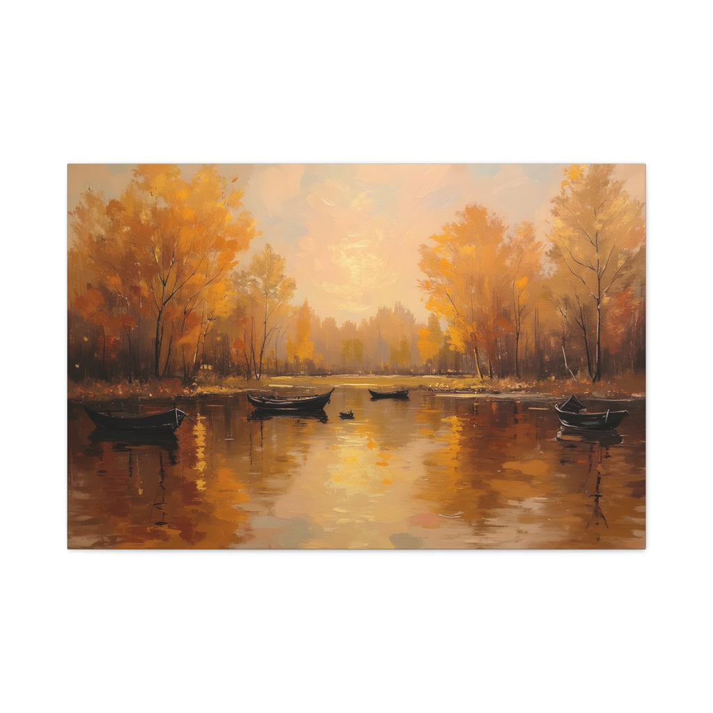 Autumn at the lake with rowboats Wall Art - Stretched Canvas