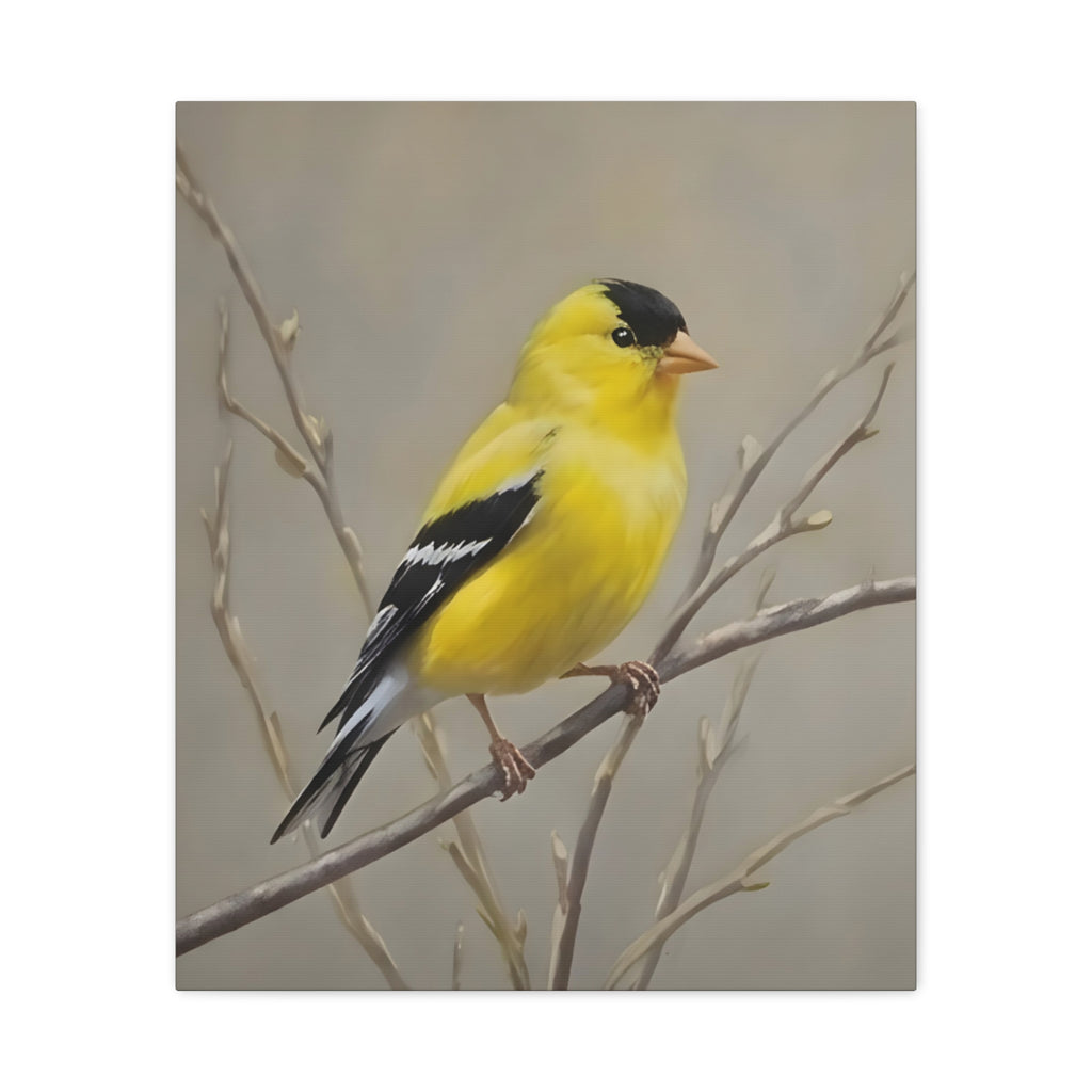 Putter Muurkunst Canvas — Gele Zangvogel Schilderij op Tak, Mat Gespannen Canvas