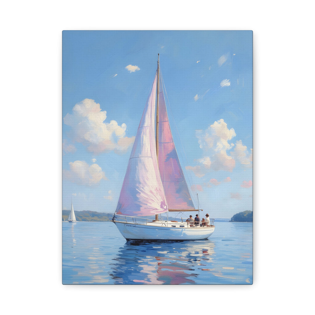 Sailing boat on calm water with pink accents Wall Art - Stretched Canvas