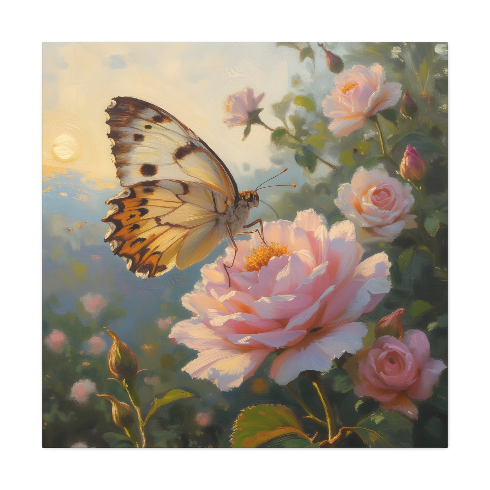 Butterfly on Pink Rose Wall Art - Stretched Canvas
