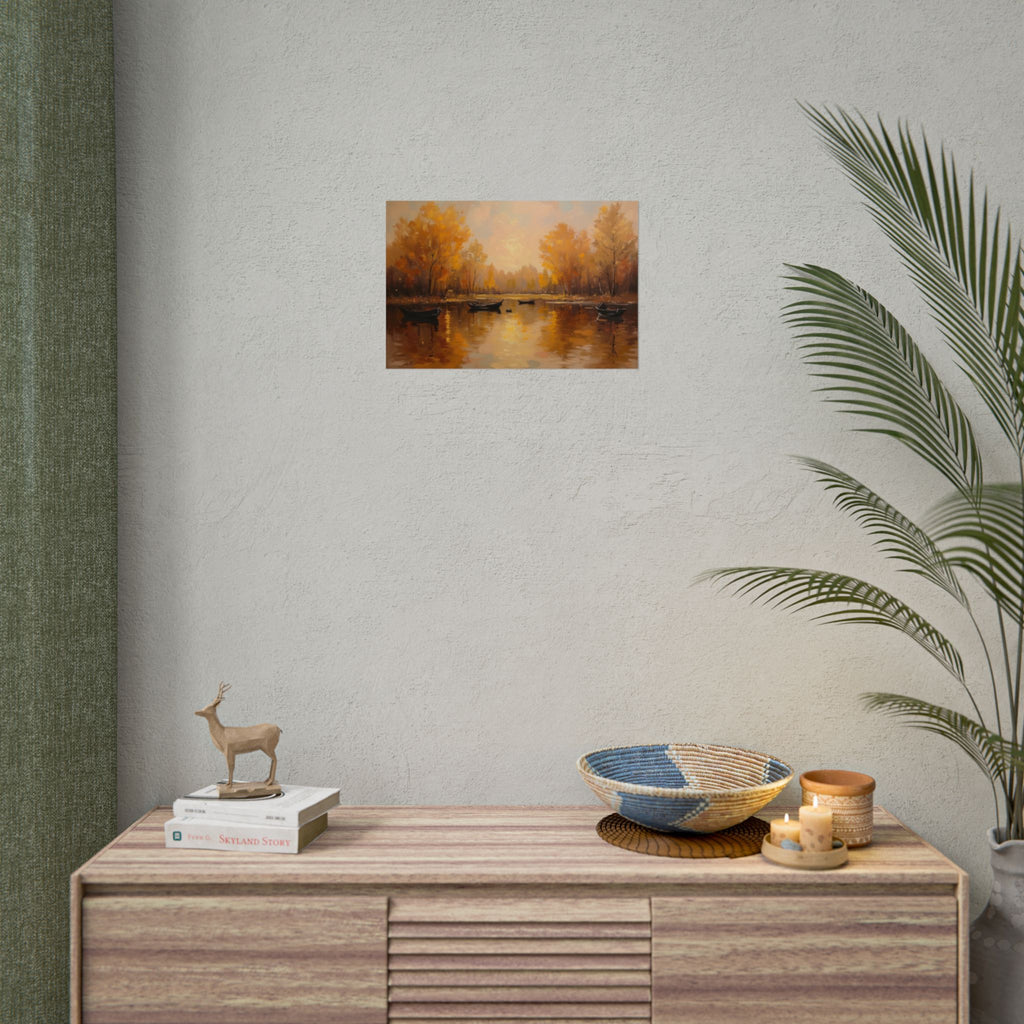 Autumn at the lake with rowboats - Poster