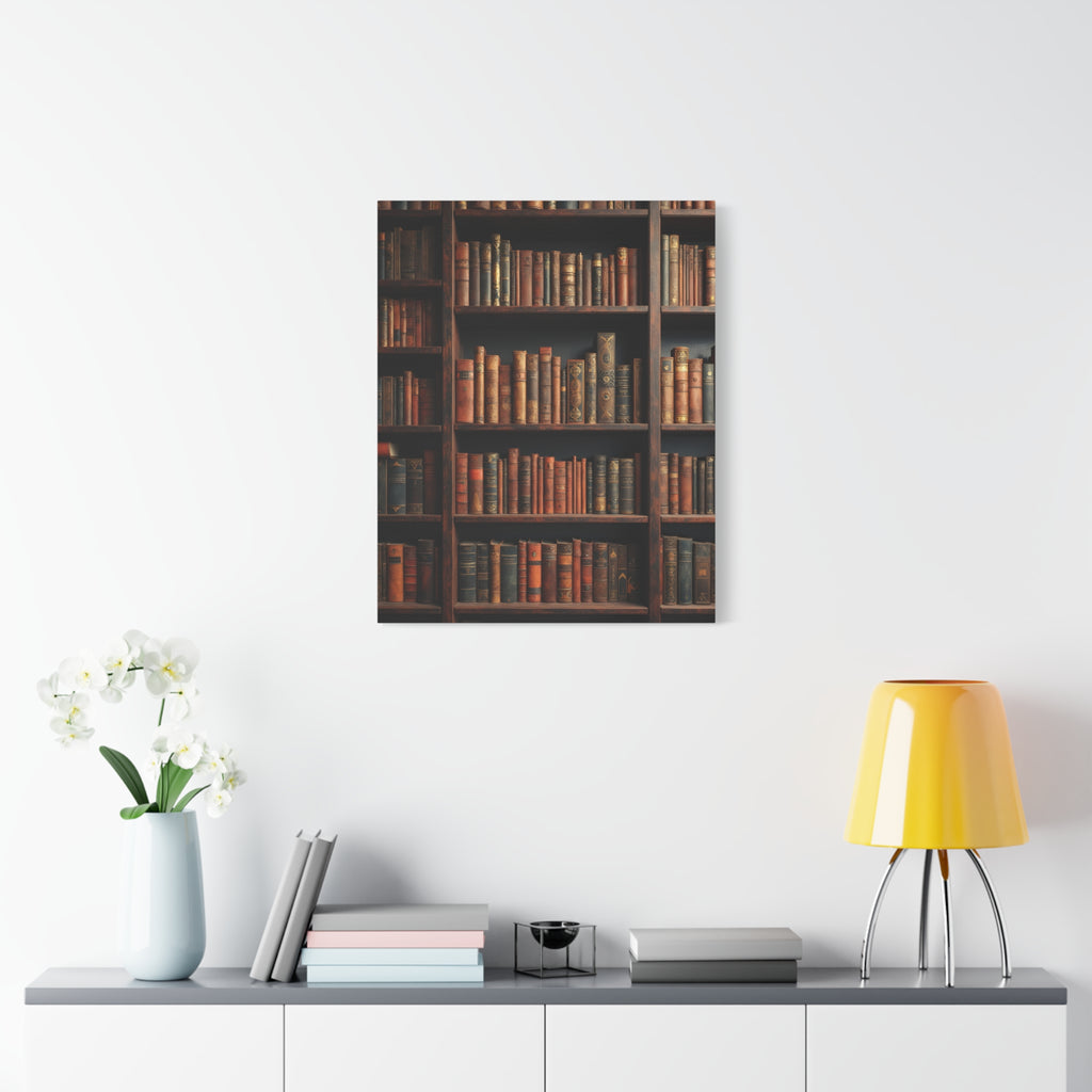 Vintage Library Books Canvas Print - Stacked Antique Bookshelf Wall Art
