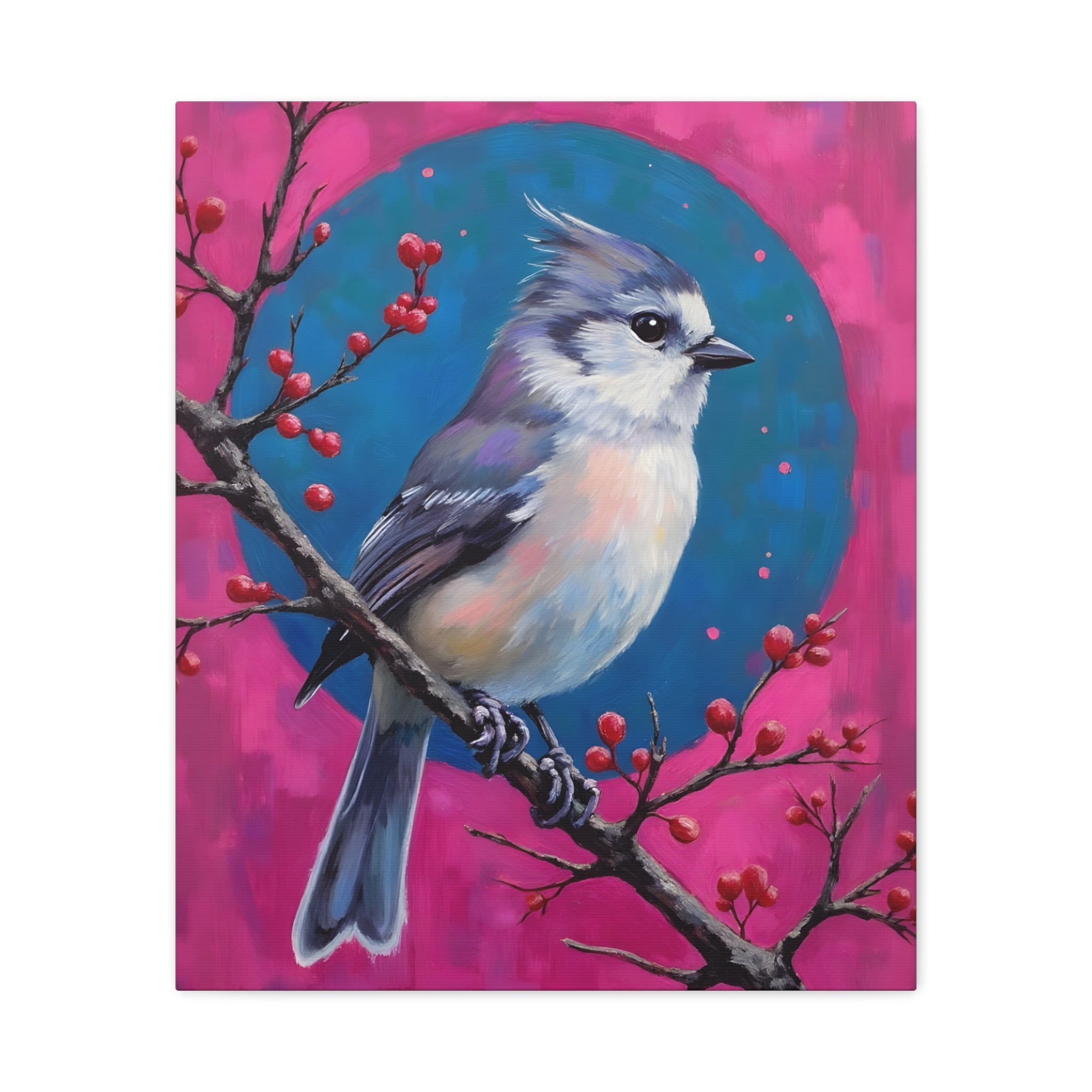 Blue jay on a holly branch Wall Art - Stretched Canvas