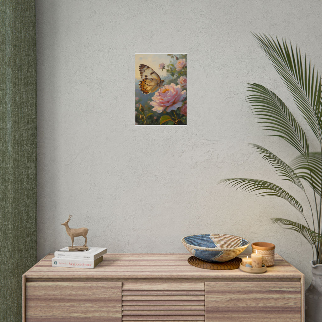 Butterfly on Pink Rose Wall Art - Poster