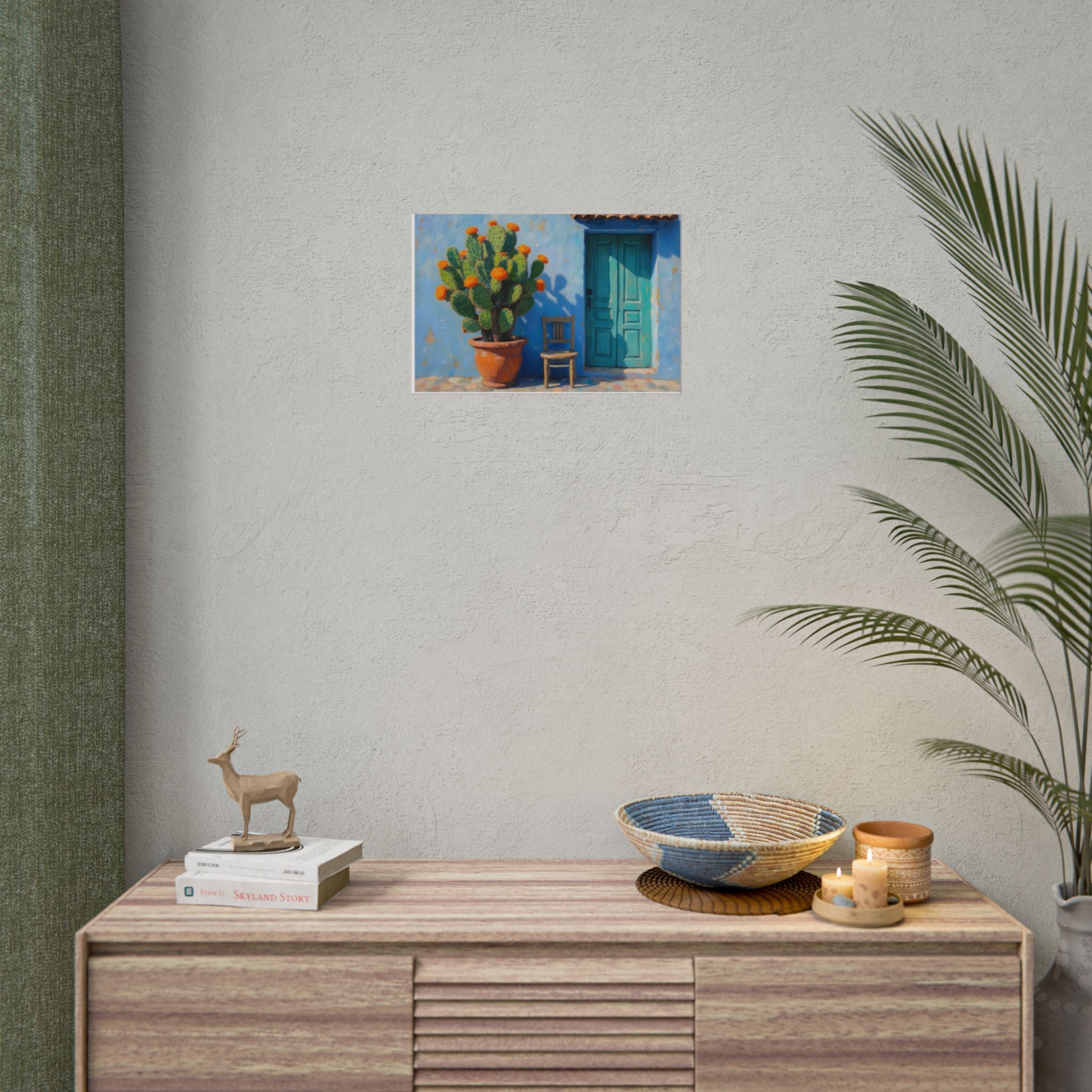 Cactus Binnenplaats Gerolde Poster — Turquoise Deur Woestijn Kunst aan de Muur
