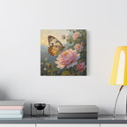 Butterfly on Pink Rose Wall Art - Stretched Canvas