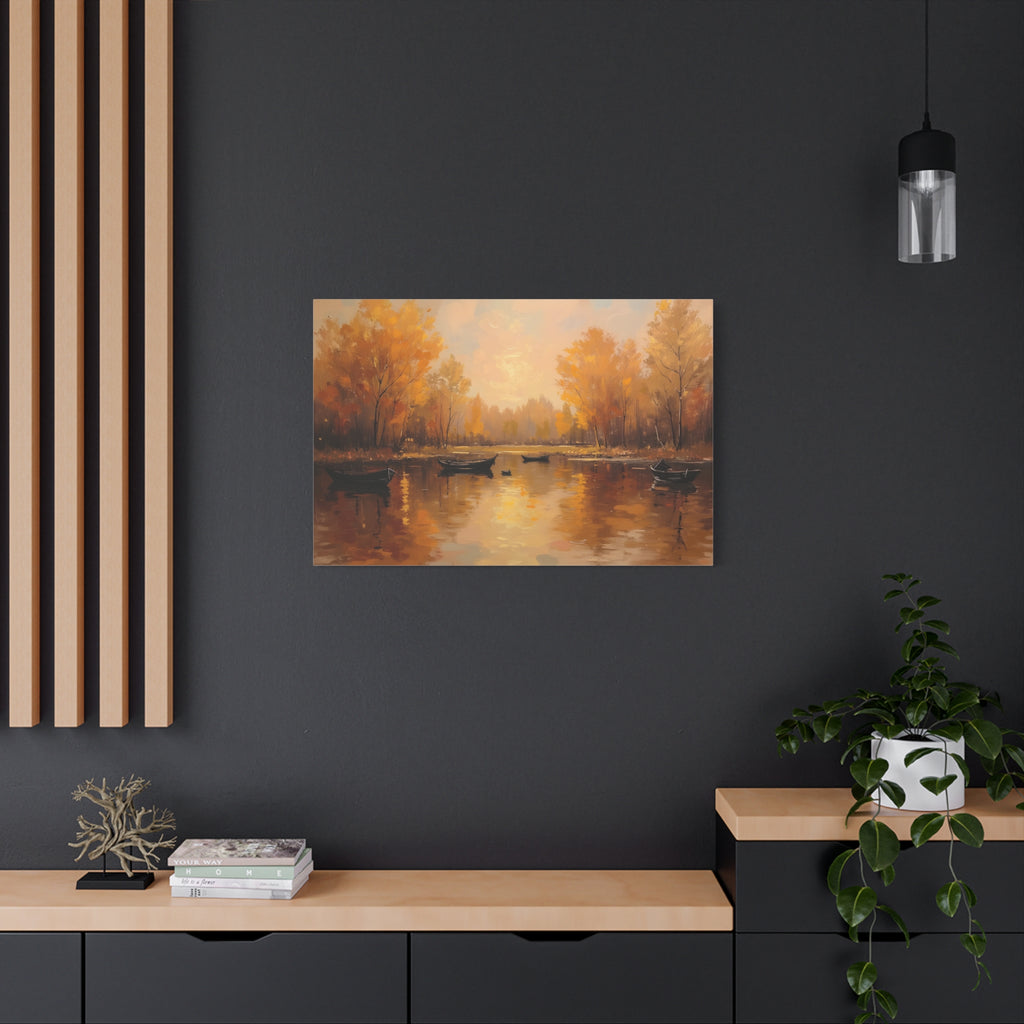 Autumn at the lake with rowboats Wall Art - Stretched Canvas