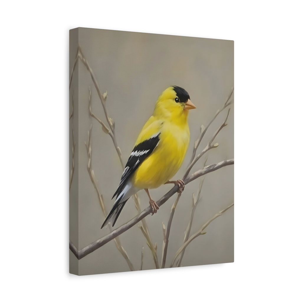 Putter Muurkunst Canvas — Gele Zangvogel Schilderij op Tak, Mat Gespannen Canvas