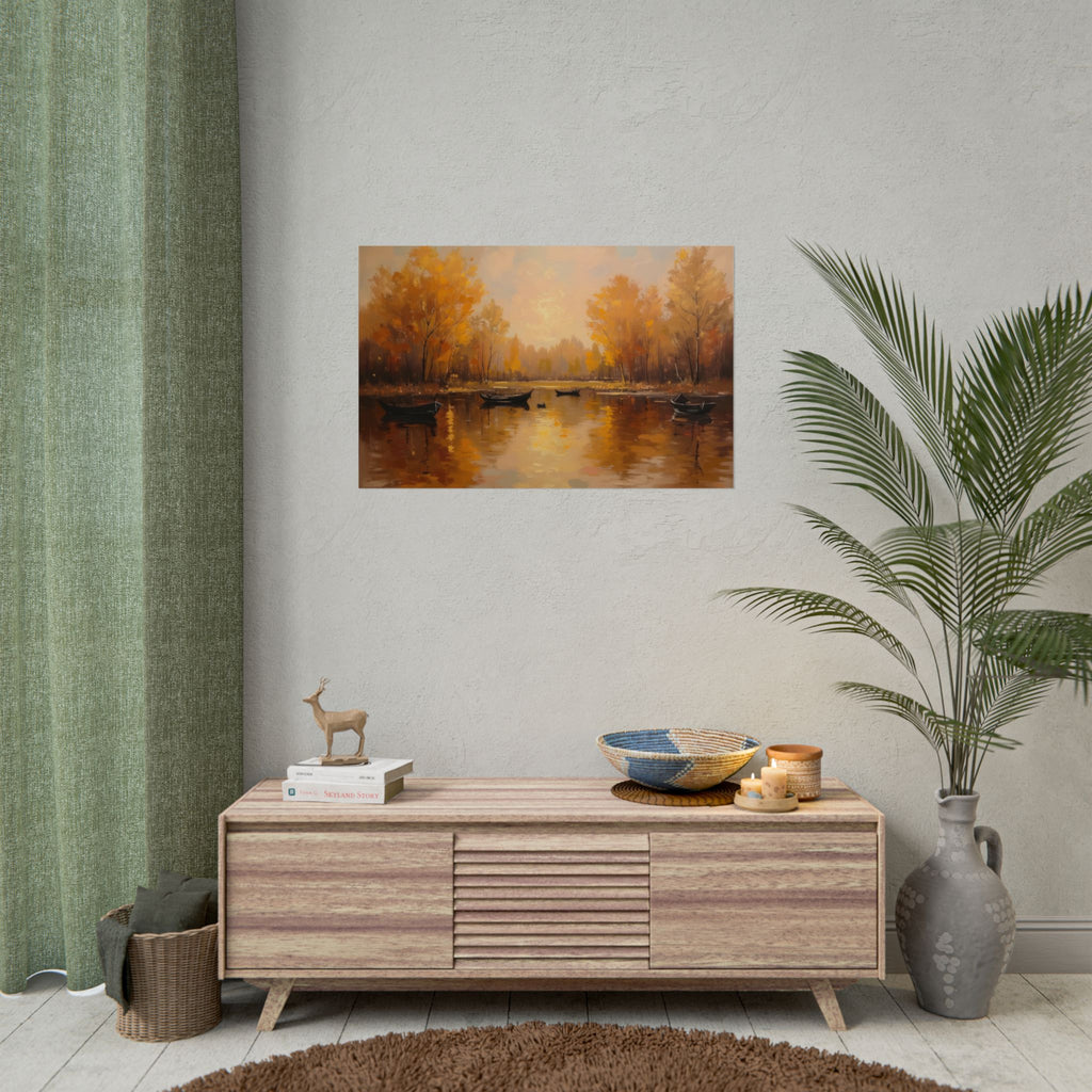 Autumn at the lake with rowboats - Poster